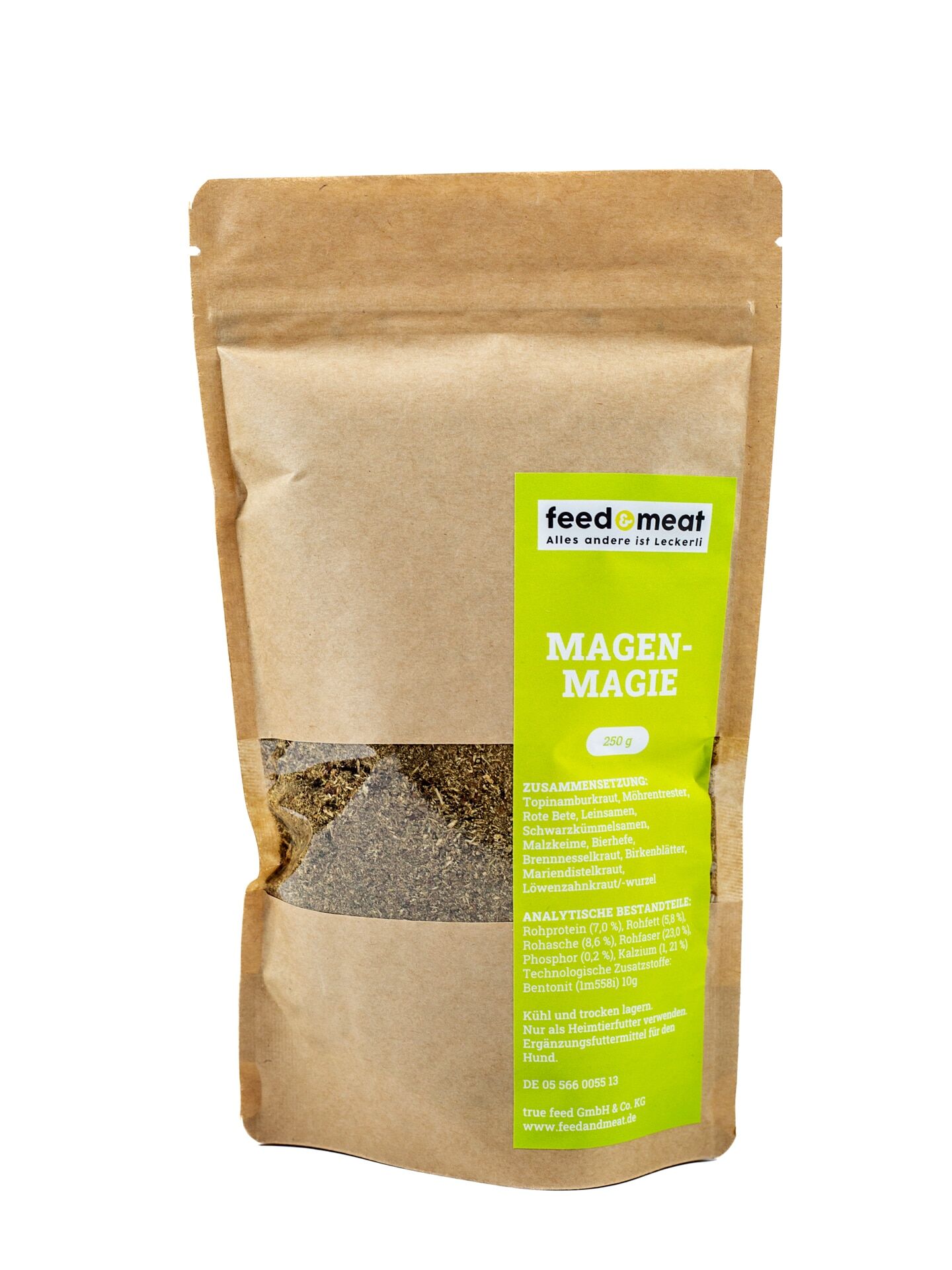 Magenmagie für Hunde Magenmagie Kräuterpulver für Hunde als natürliche Nahrungsergänzung zur Unterstützung von Magen und Darm, präsentiert in einer Dose mit grünem Etikett