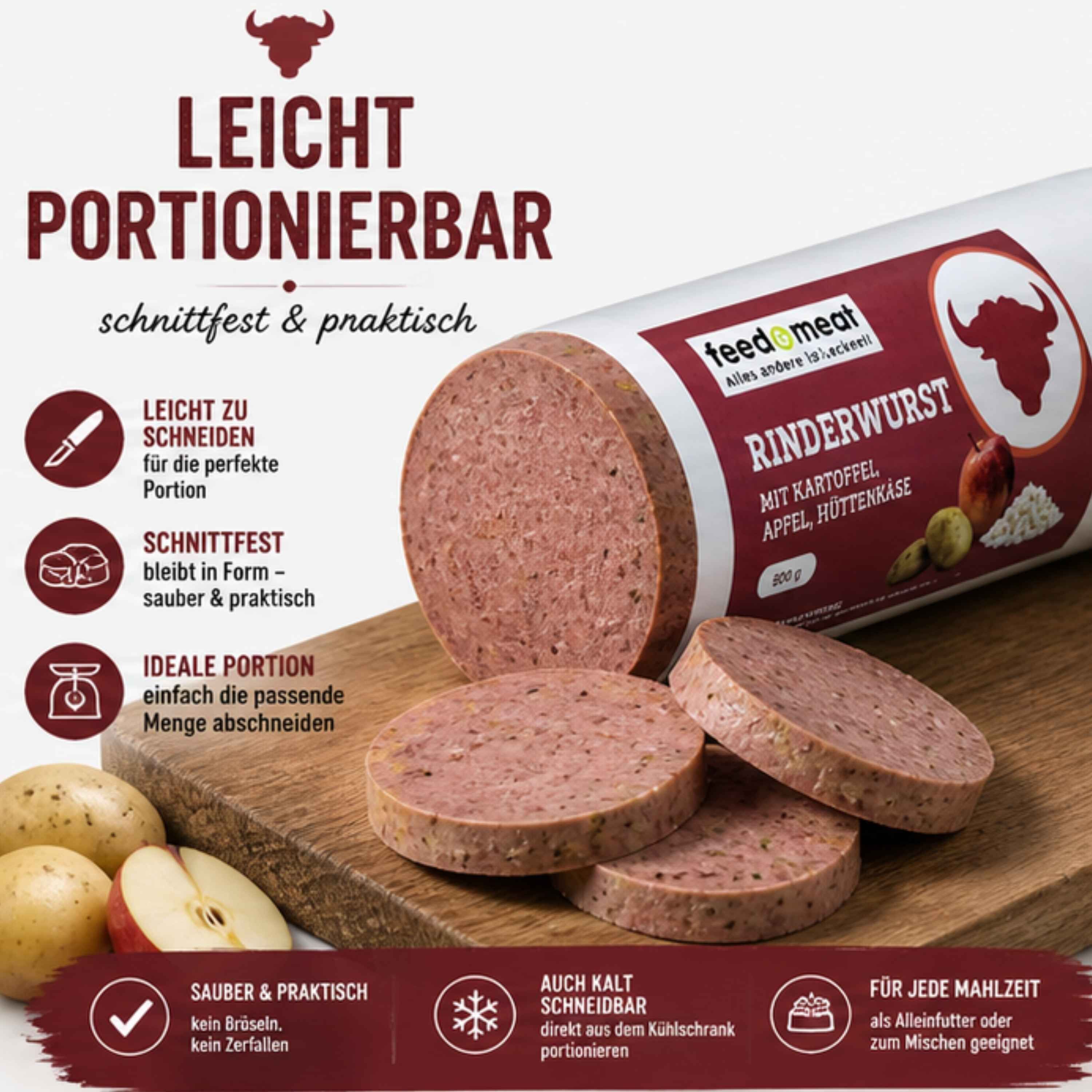 Rinderwurst für Hunde leicht portionierbar und schnittfest Rinderwurst für Hunde in Scheiben geschnitten, schnittfest und einfach zu portionieren