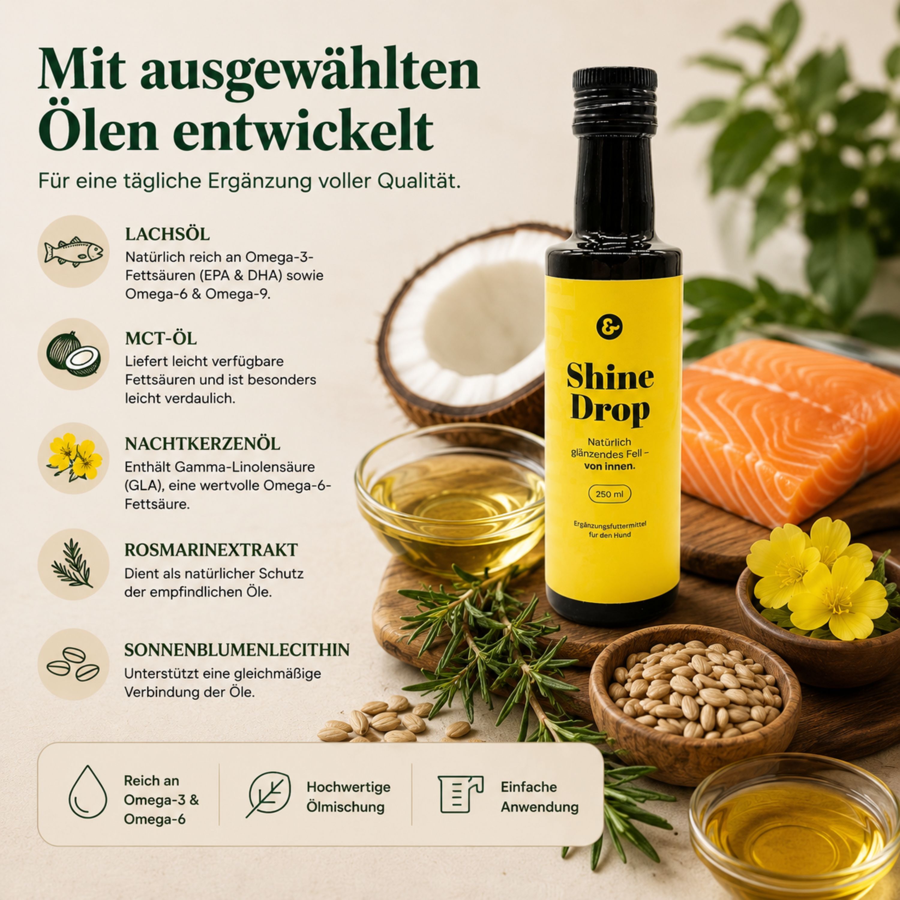 ShineDrop Ölmischung für Hunde mit Lachsöl, MCT-Öl, Nachtkerzenöl und Rosmarinextrakt