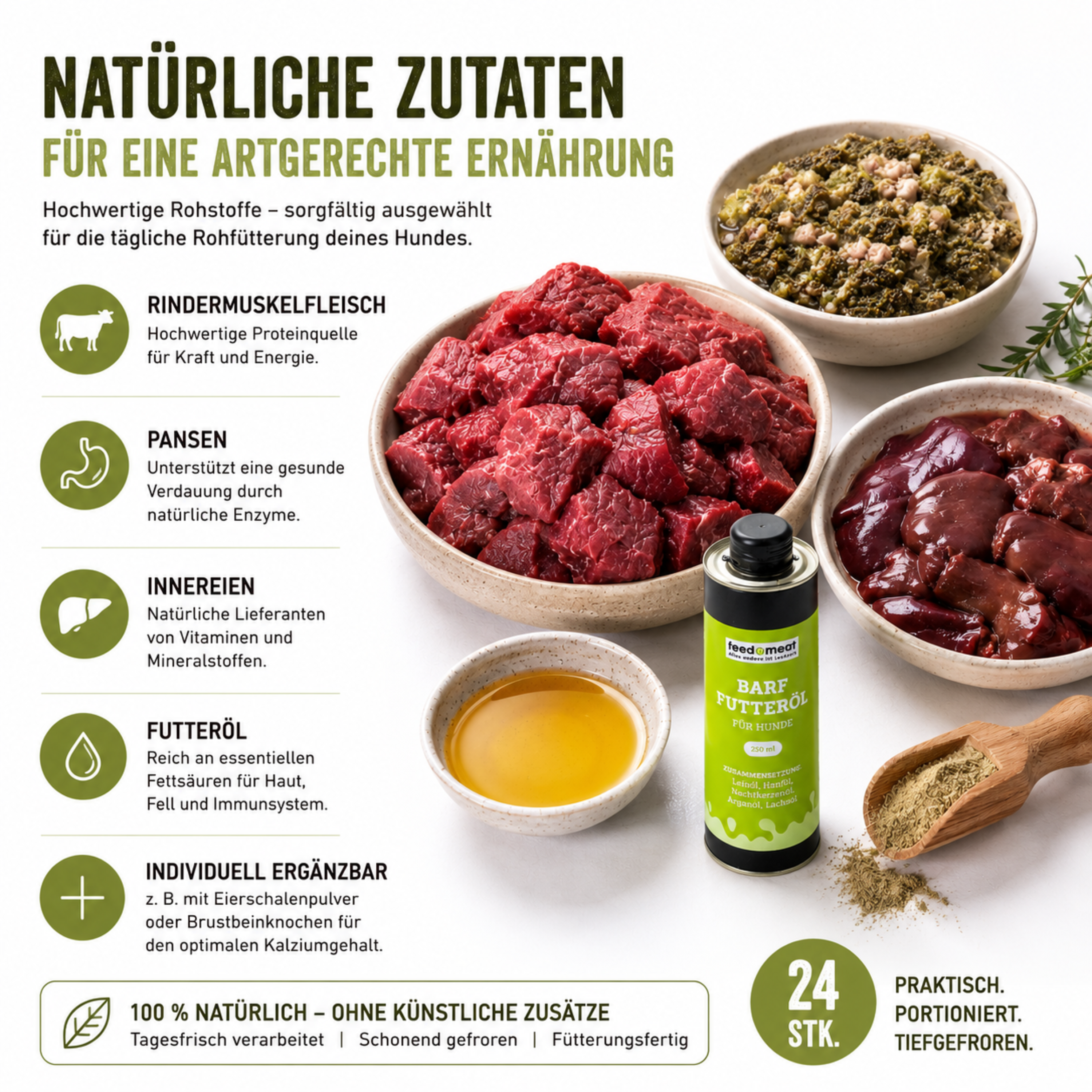 Zutaten des BARF Basispakets Rind mit Muskelfleisch, Pansen, Innereien und Futteröl