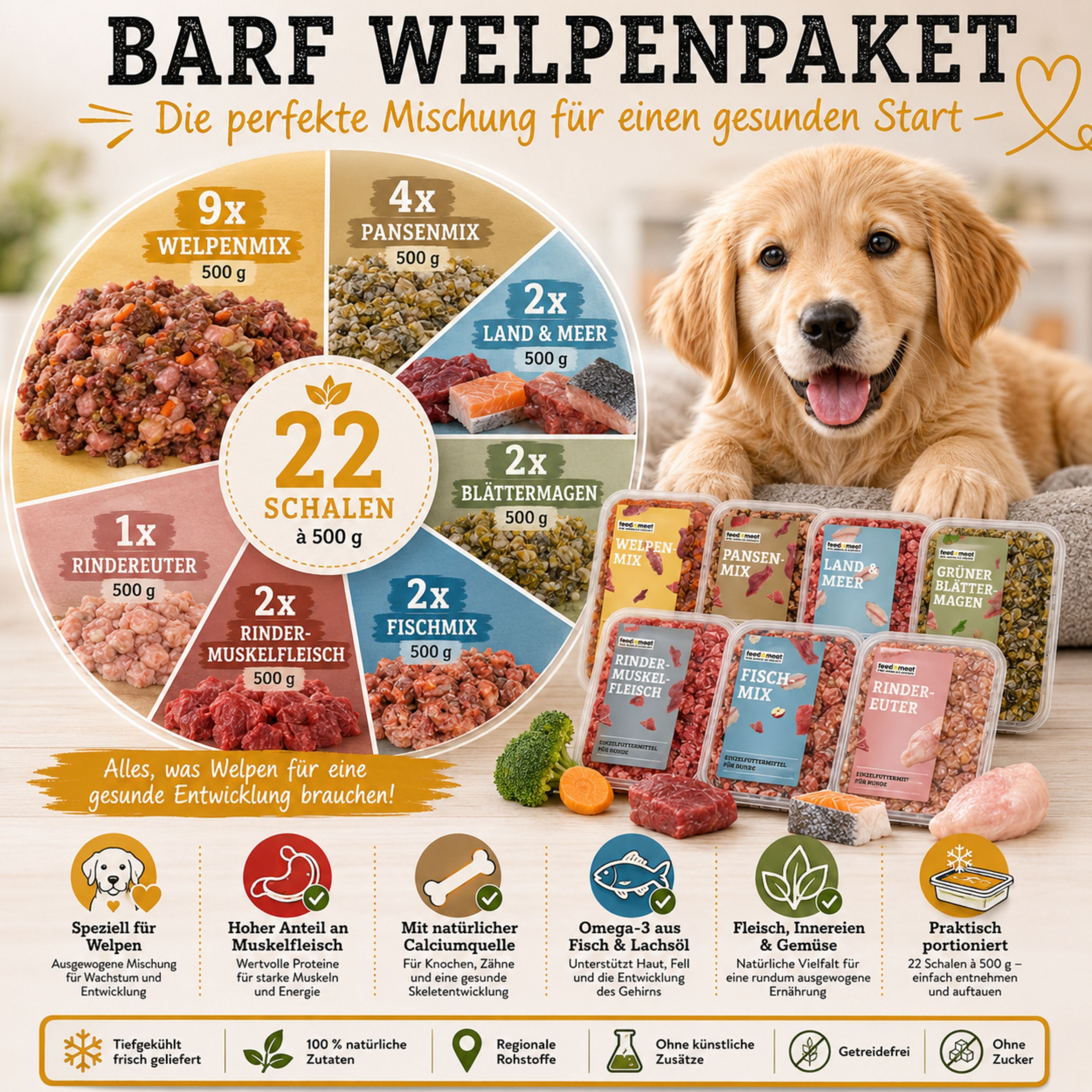 BARF Welpenpaket für Welpen mit 22 Schalen à 500 g. Übersicht der Zusammensetzung aus Welpenmix, Pansenmix, Land & Meer, Fischmix, Blättermagen, Rindermuskelfleisch und Rindereuter sowie den wichtigsten Vorteilen für Wachstum und Entwicklung.