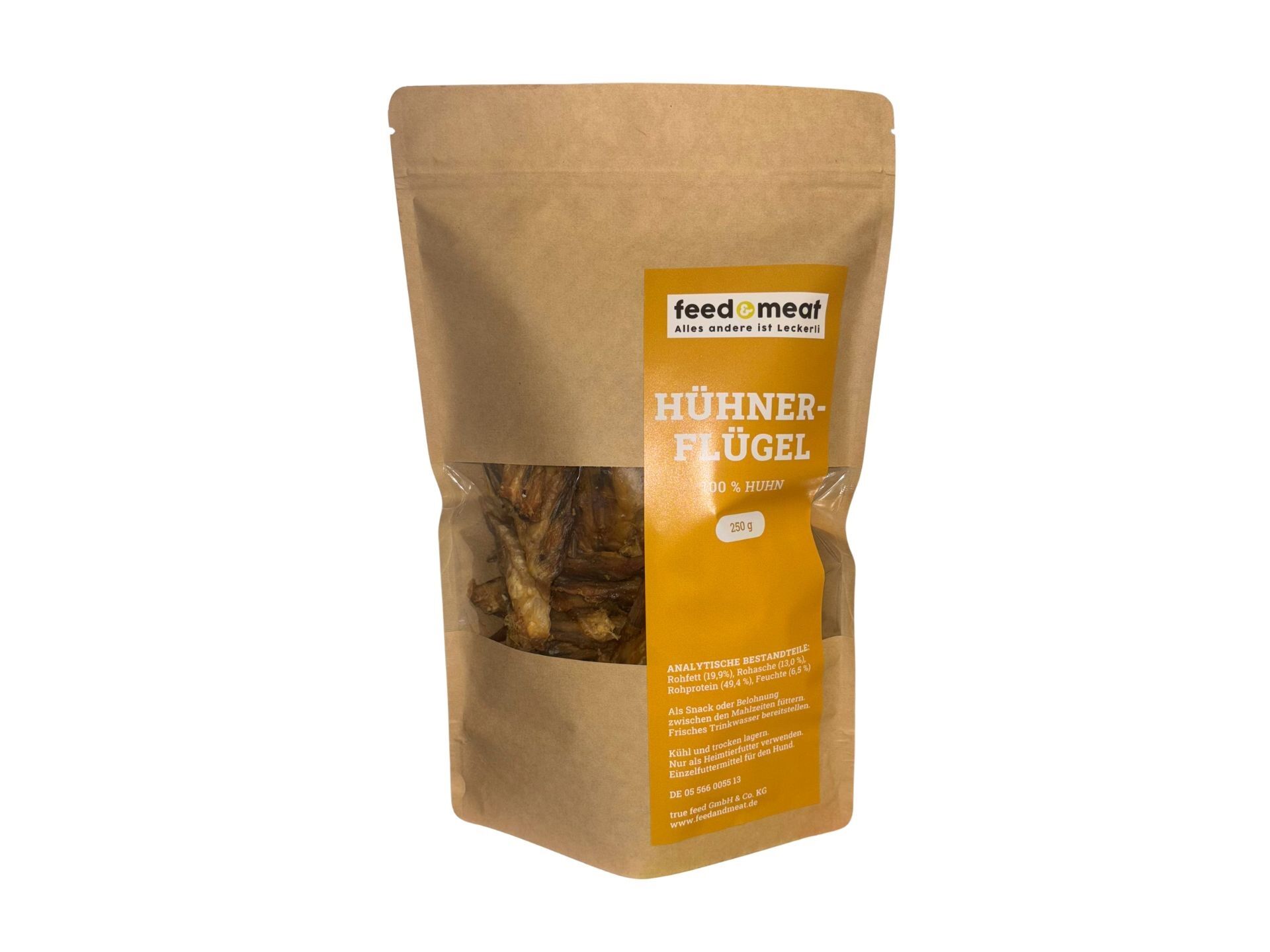 Hühnerflügel für HUnde in einer 250g Tüte, wiederverschließbar aus Kraftpapier
