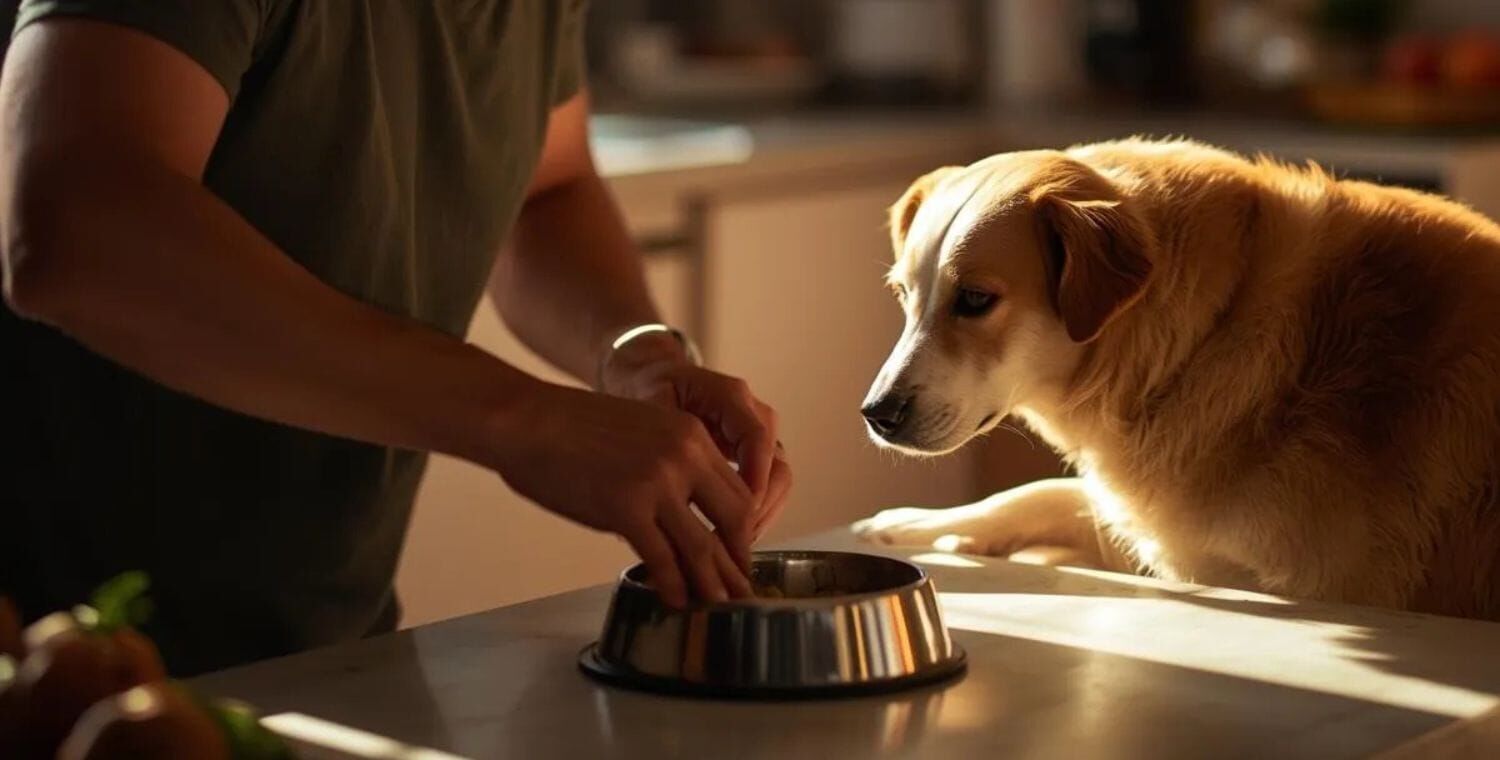 BARF-Hundefutter leicht gemacht: Dein Einstieg in die Rohfütterung Person bereitet Hund etwas im Napf zu
