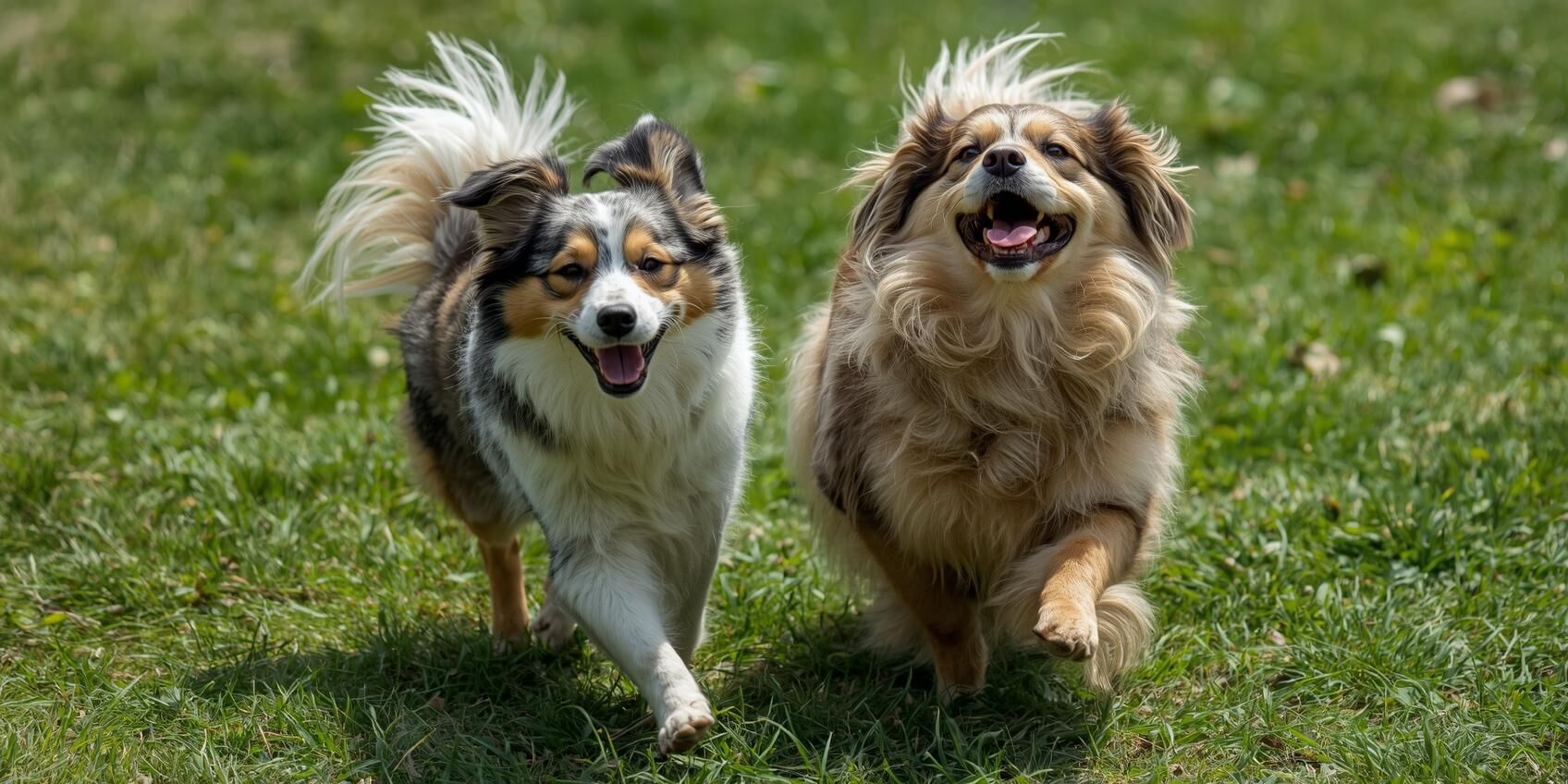 Zwei Australian Shepherds laufen durch eine Wiese