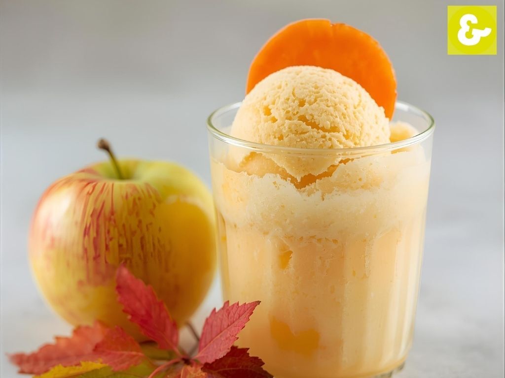 Apfel-Karotteneis im Glas mit einer Karotte garniert