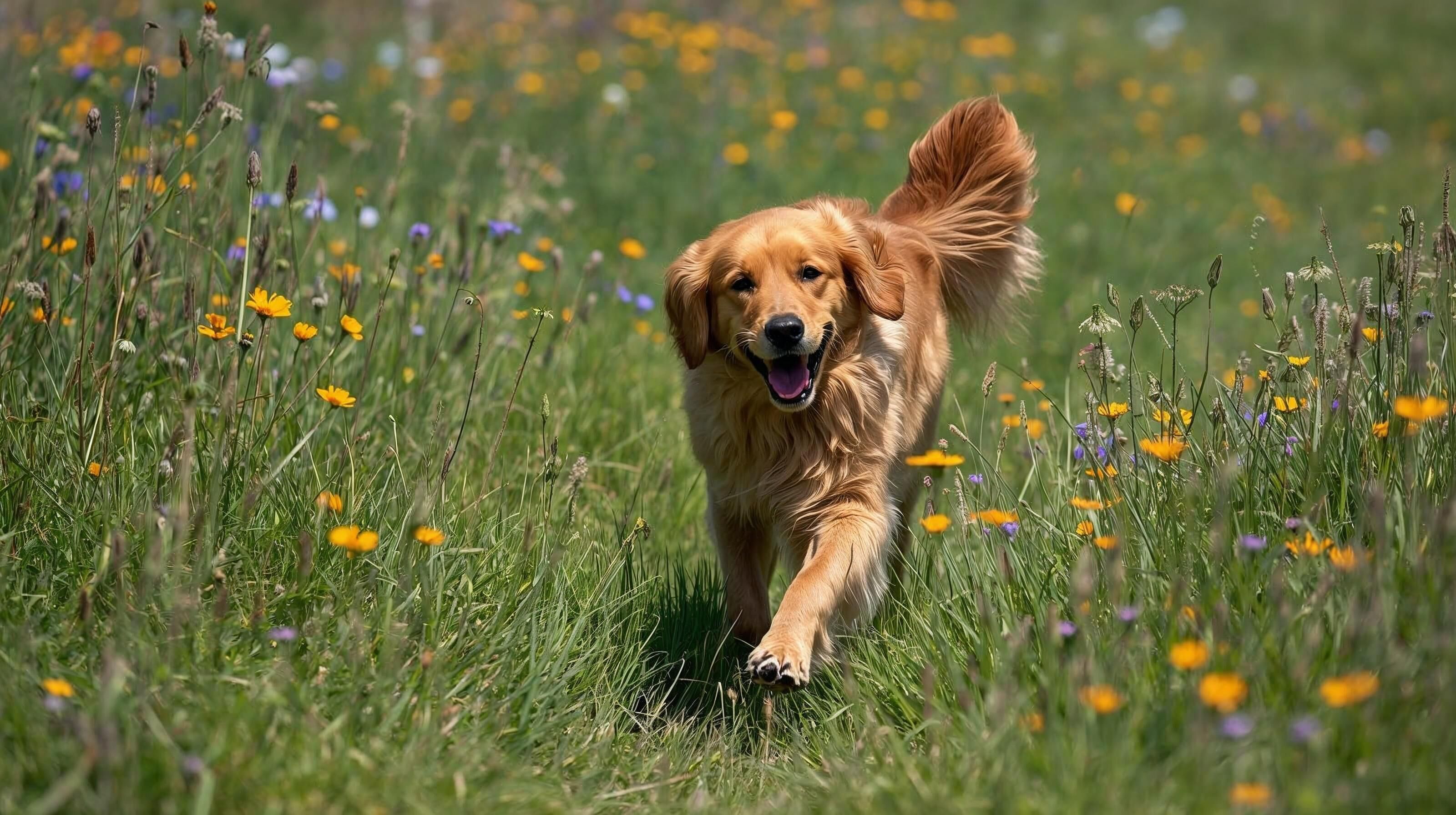 Ein glücklicher Golden Retriever läuft über eine grüne Wiese bei Sonnenschein
