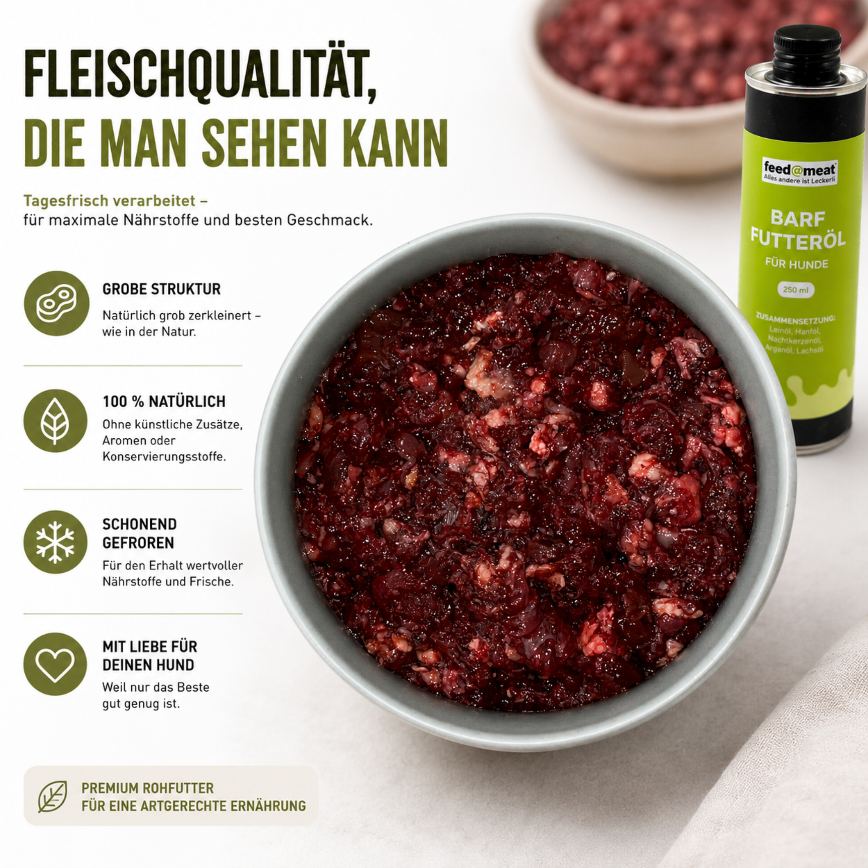 Napf mit BARF Basismix vom Rind und Futteröl für Hunde