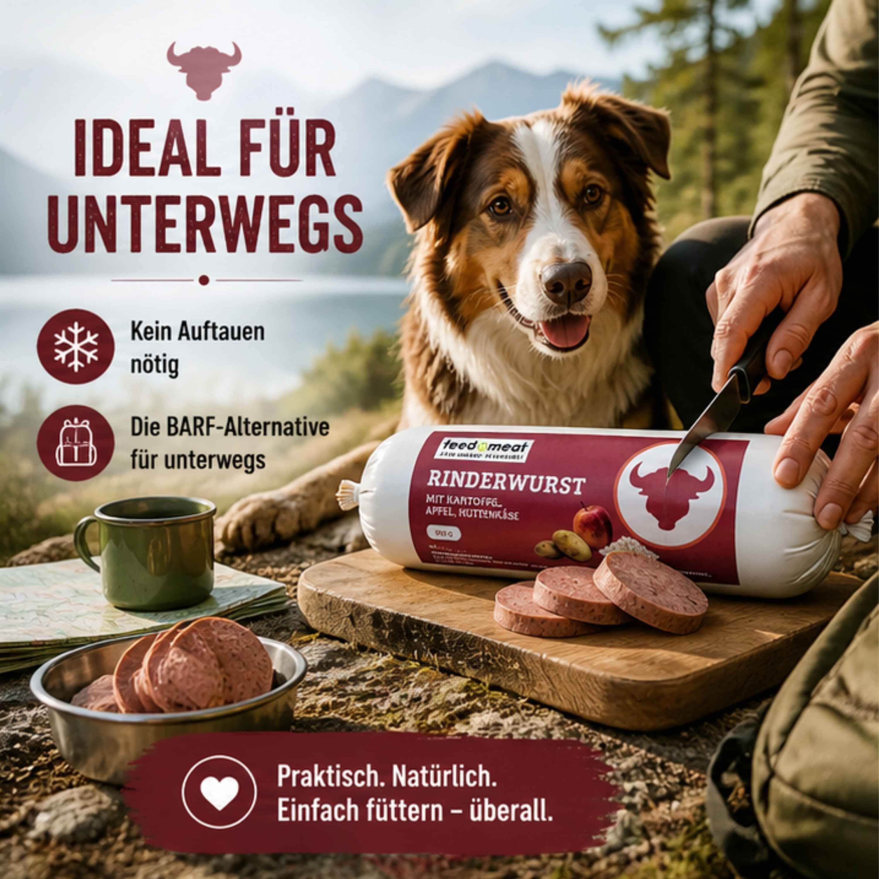 Rinderwurst für Hunde als BARF Alternative für unterwegs Hund wird unterwegs mit Rinderwurst gefüttert, praktische BARF Alternative ohne Auftauen