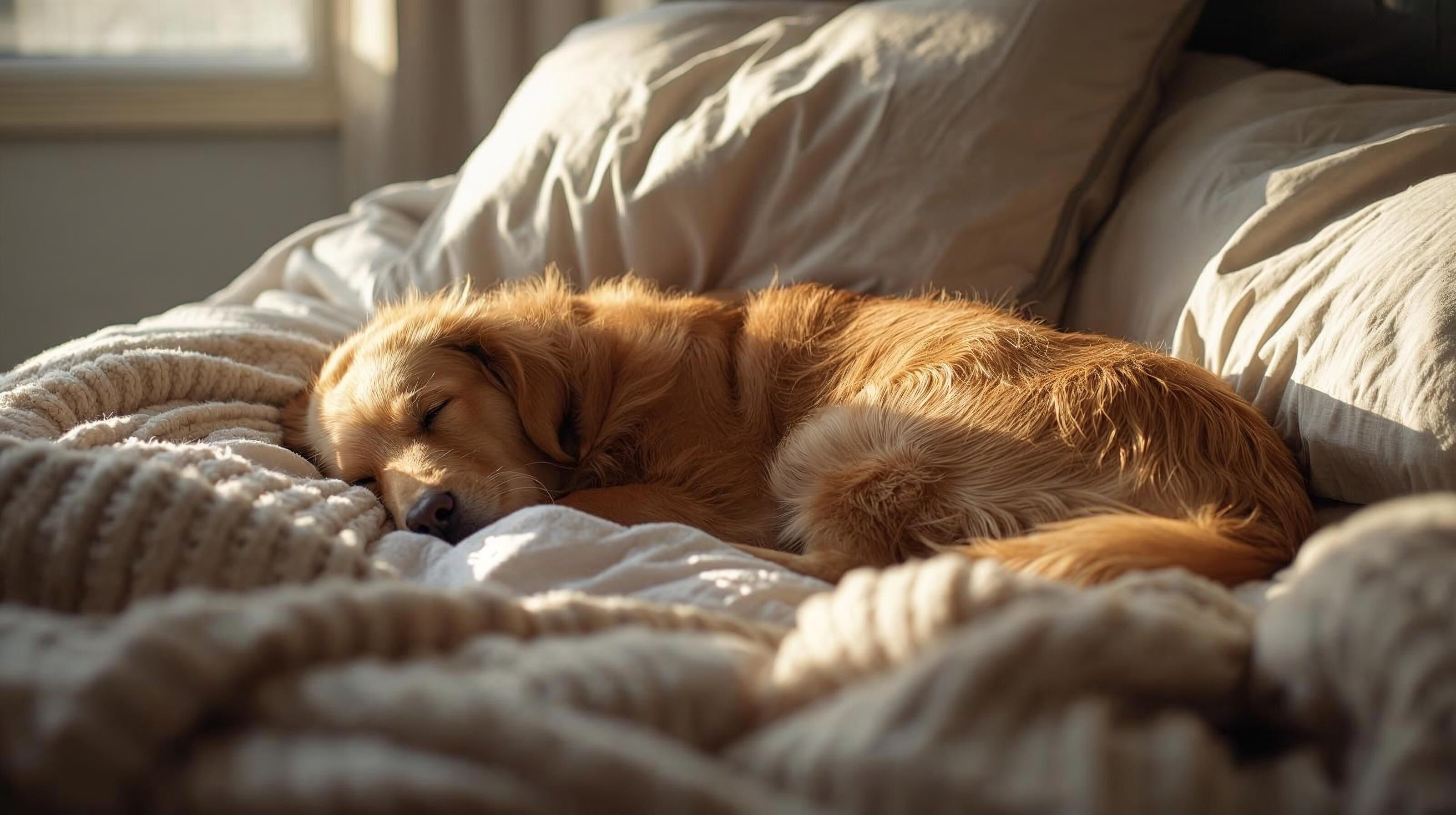 Golden Retriever auf brauner Kuscheldecke