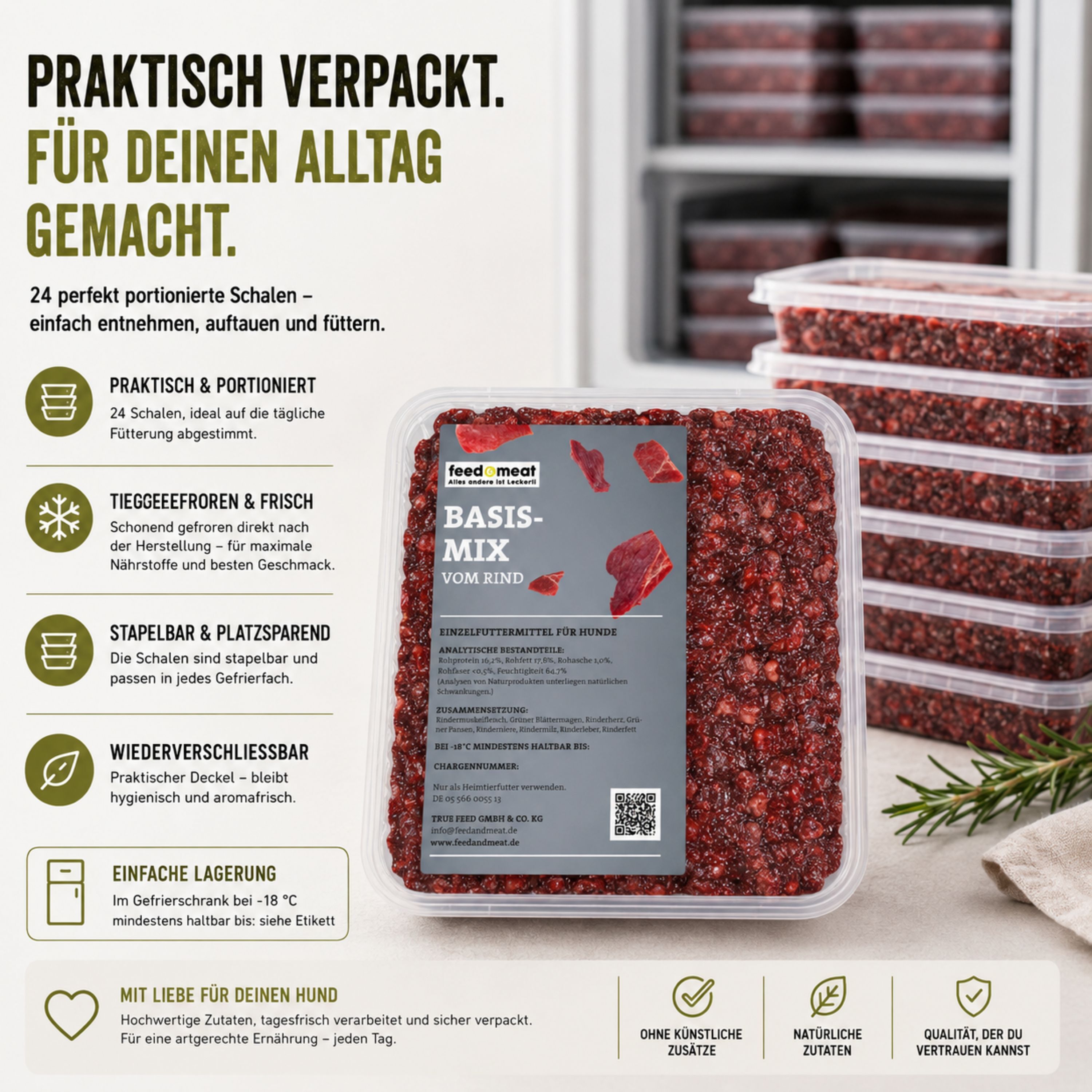 BARF Basispaket Rind mit stapelbaren Schalen und Futteröl für die einfache Lagerung im Gefrierschrank