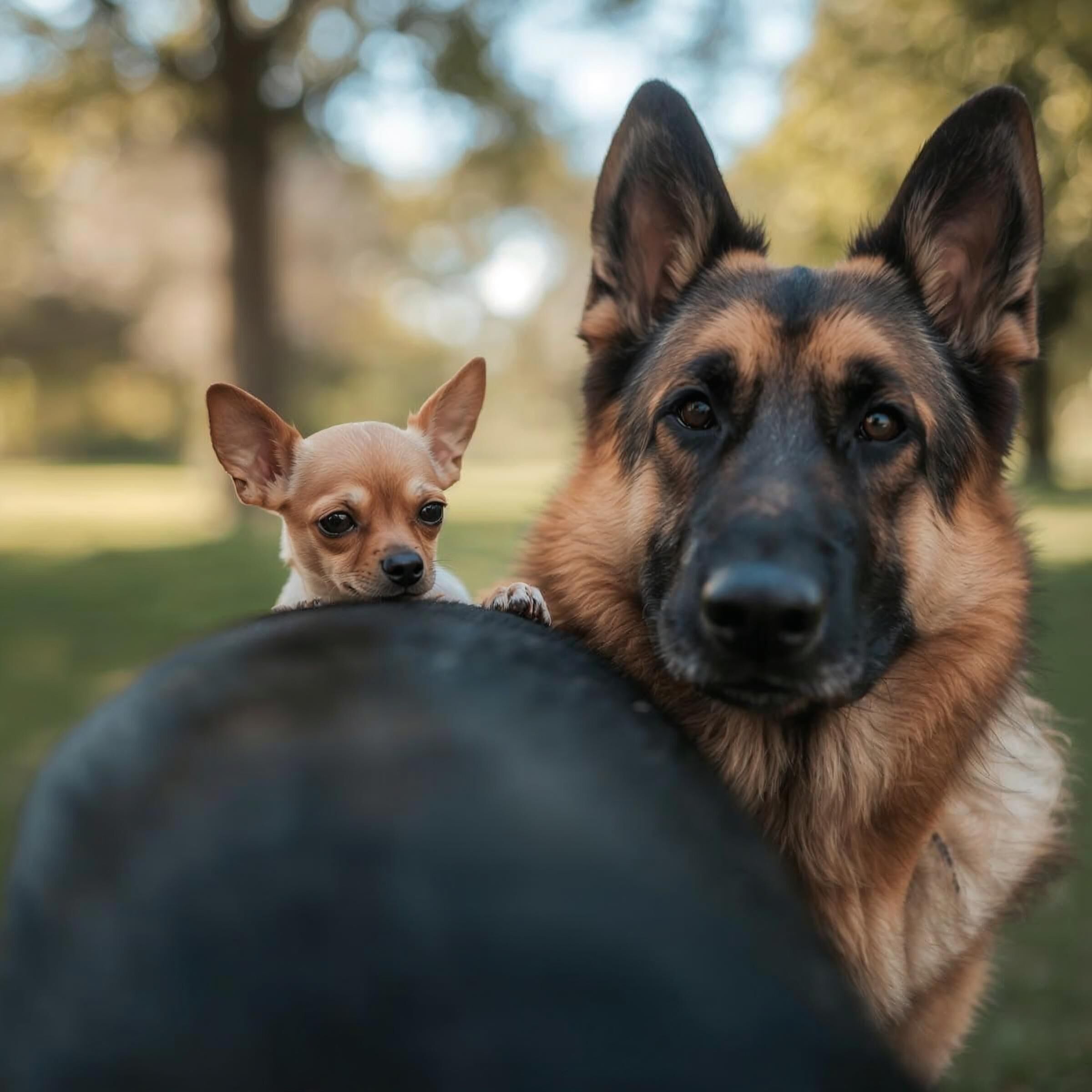 Ein großer Schäferhund und ein kleiner Chihuahua sitzen draußen nebeneinander und schauen aufmerksam nach vorn