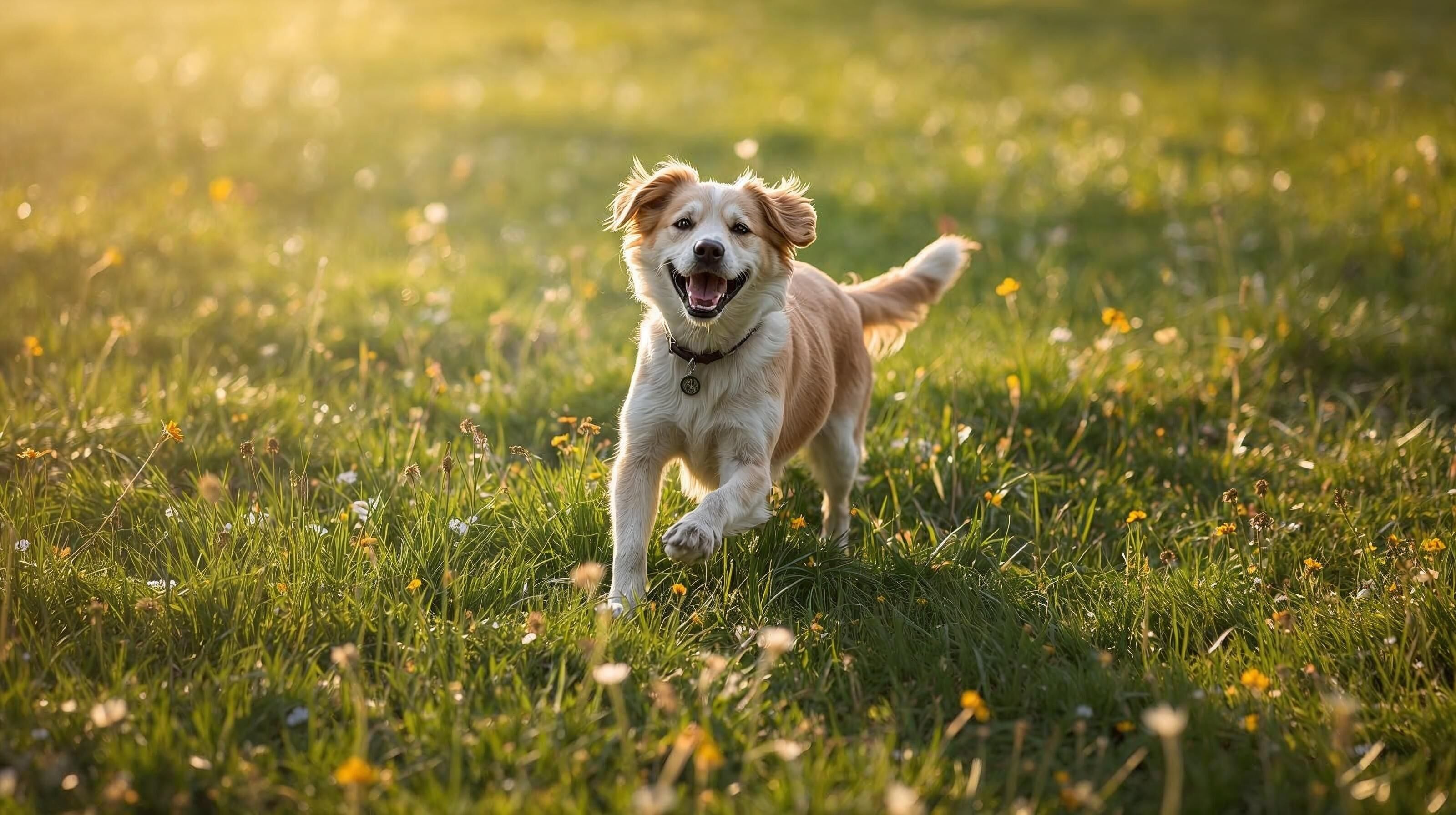 Ein verspielter Hund läuft durch eine sonnige Frühlingswiese mit bunten Blumen, während die Sonne warm scheint und die Natur in voller Blüte steht.
