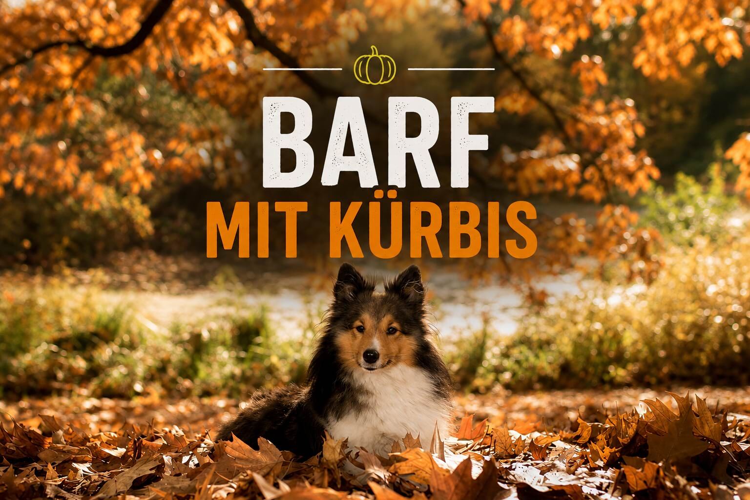Hund im herbstlichen Laub mit der Überschrift BARF mit Kürbis.