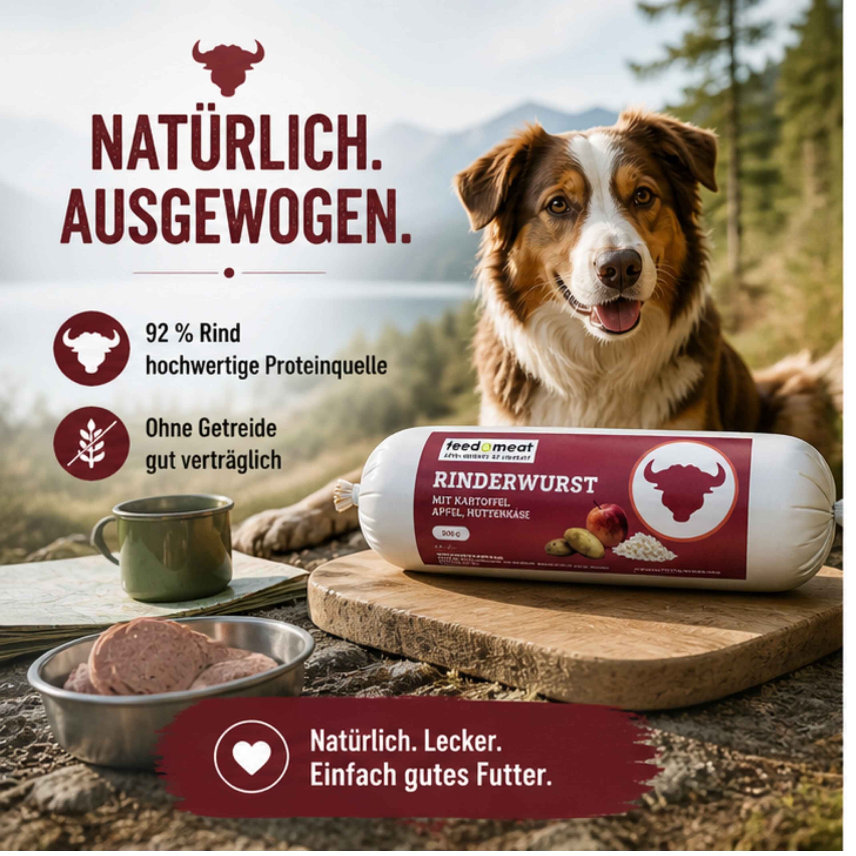 Rinderwurst für Hunde mit Kartoffel, Apfel und Hüttenkäse Hundefutter Rinderwurst mit 92 Prozent Rind sowie Kartoffel, Apfel und Hüttenkäse, getreidefrei