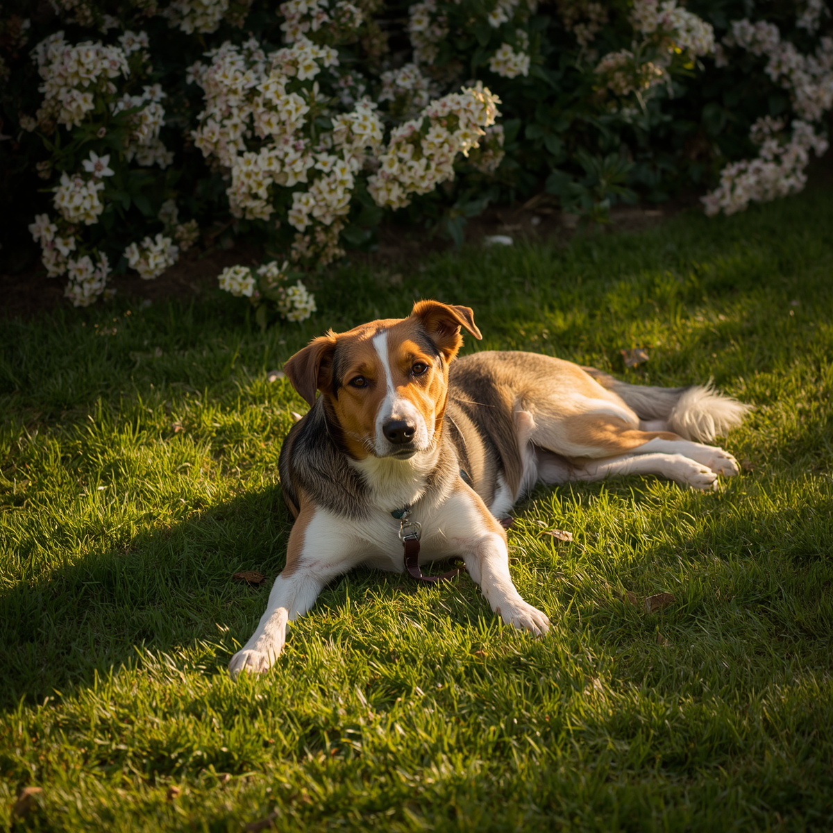 Ein Hund liegt entspannt auf einer grünen Wiese und genießt die warmen Sonnenstrahlen an einem sonnigen Tag.