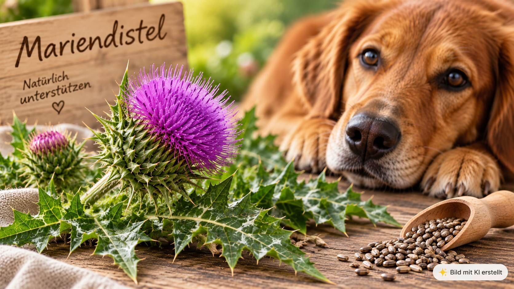 Mariendistel mit Samen und Hund als pflanzliche Ergänzung beim BARFen