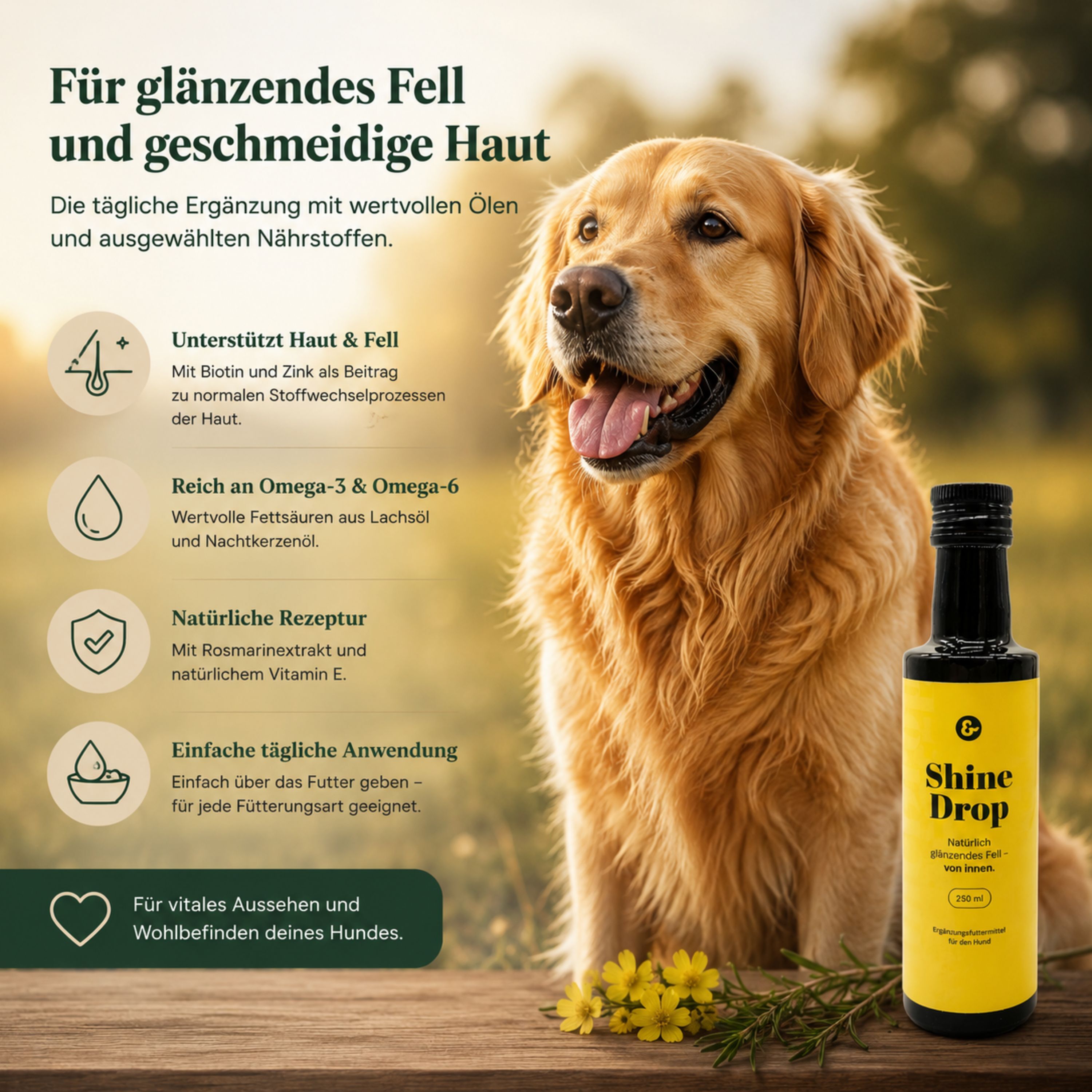 Golden Retriever mit gepflegtem Fell neben ShineDrop Ölmischung für Hunde