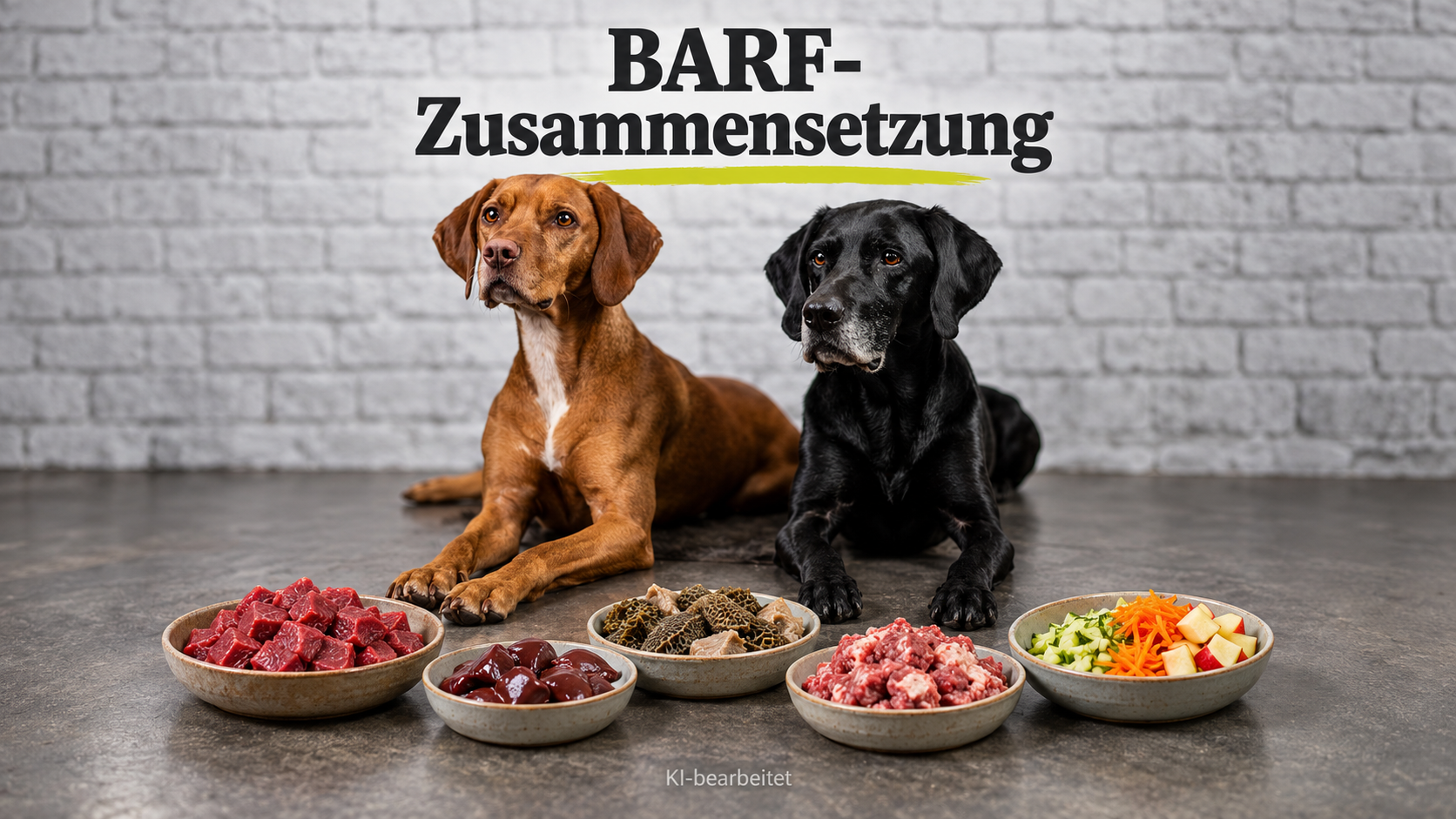 Zwei Hunde hinter Schalen mit Fleisch, Innereien, Pansen, Gemüse und Obst zur BARF-Zusammensetzung.