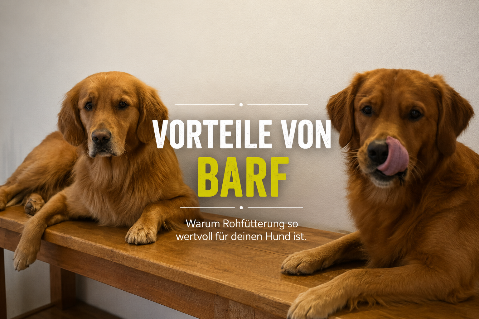 Zwei Golden Retriever mit der Überschrift Vorteile von BARF.