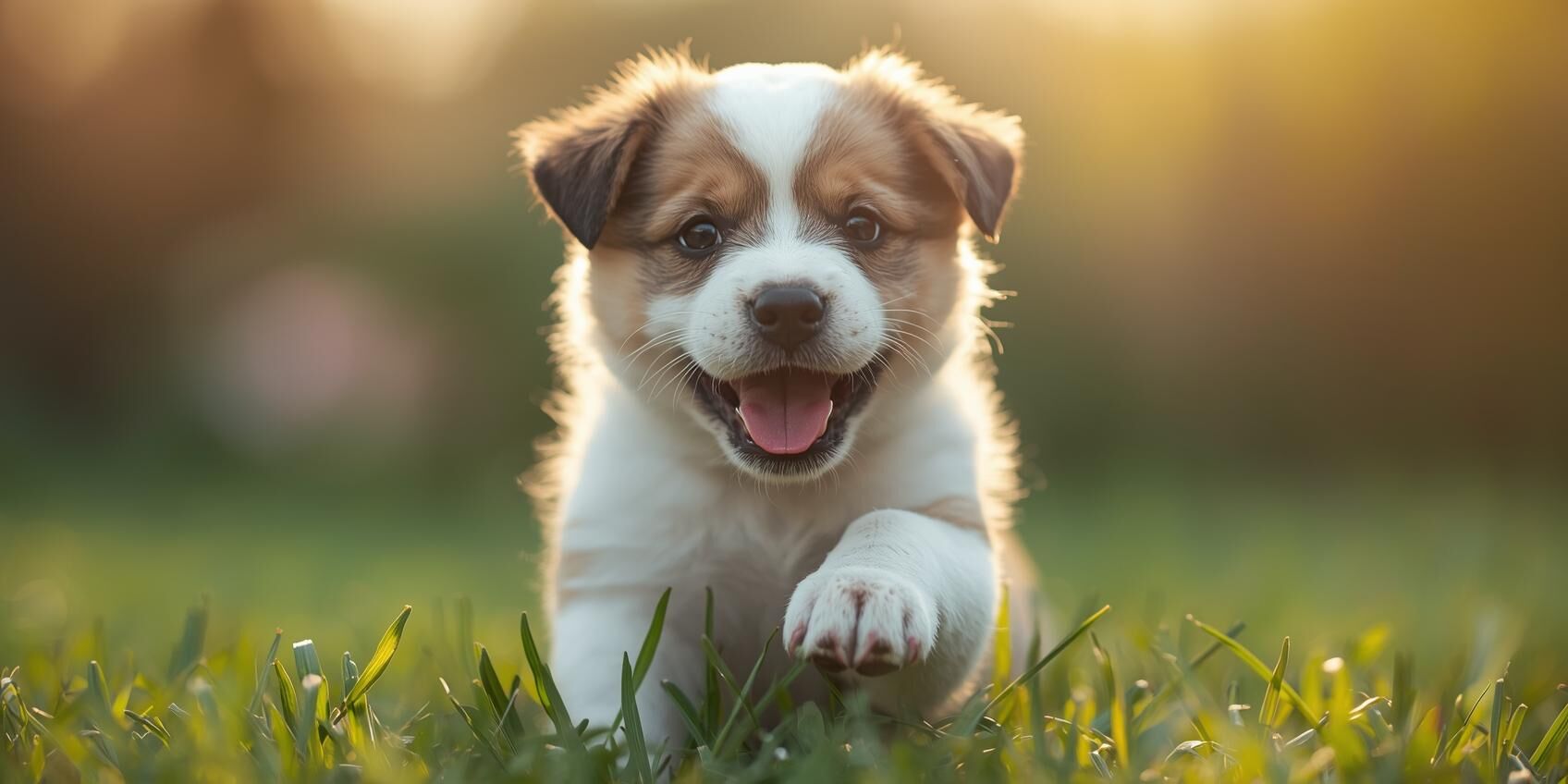 Ein kleiner Hund mit glänzendem, hell leuchtendem Fell läuft fröhlich über eine grüne Wiese direkt auf die Kamera zu.
