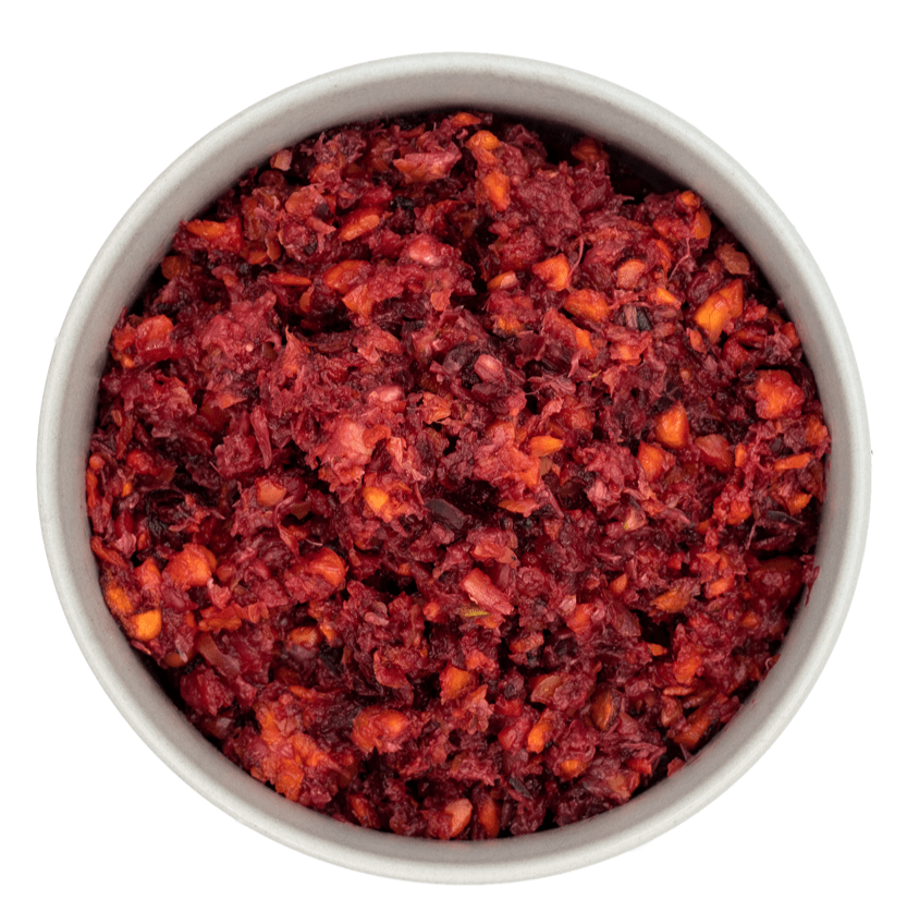 Barf Veggiemix drehend im Napf Barf Veggiemix feedandmeat im Napf