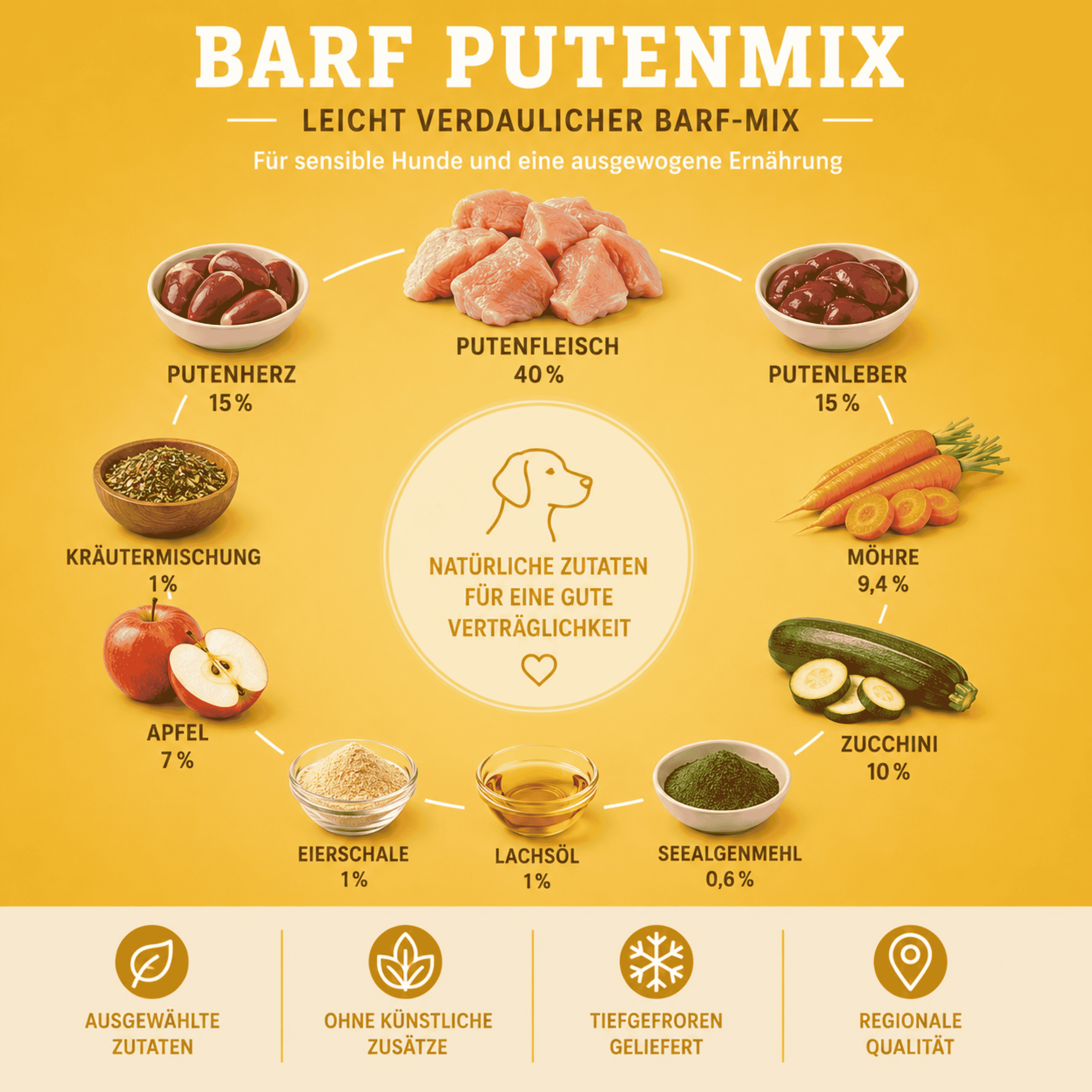 Zusammensetzung BARF-Putenmix mit Putenfleisch, Putenherz, Putenleber, Gemüse und natürlichen Zutaten