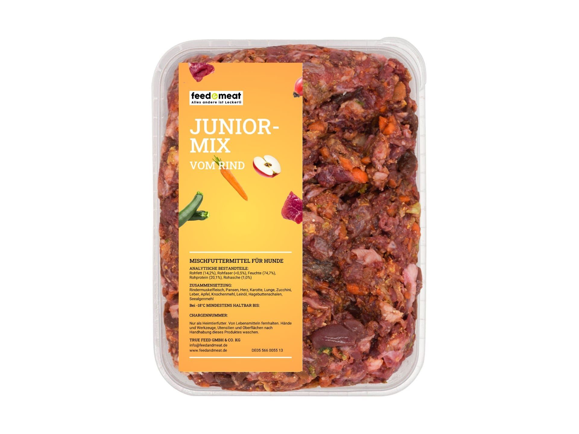 Juniormix mit Rindfleisch, Pansen, Herz, Möhre, Zucchini, Leinöl & Hagebutte – Für junge Hunde Natürlicher Juniormix für Hunde mit frischem Rindfleisch, Pansen, Herz, Möhre, Zucchini, Leinöl und Hagebutte – ausgewogene Mahlzeit für Welpen und Junghunde, reich an Vitaminen und Nährstoffen.