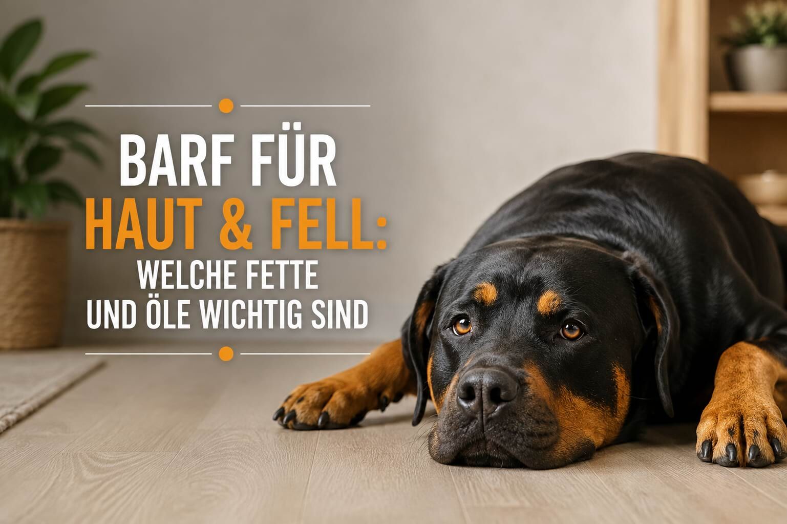 Schwarz-brauner Hund mit der Überschrift „BARF für Haut & Fell – Welche Fette und Öle wichtig sind“