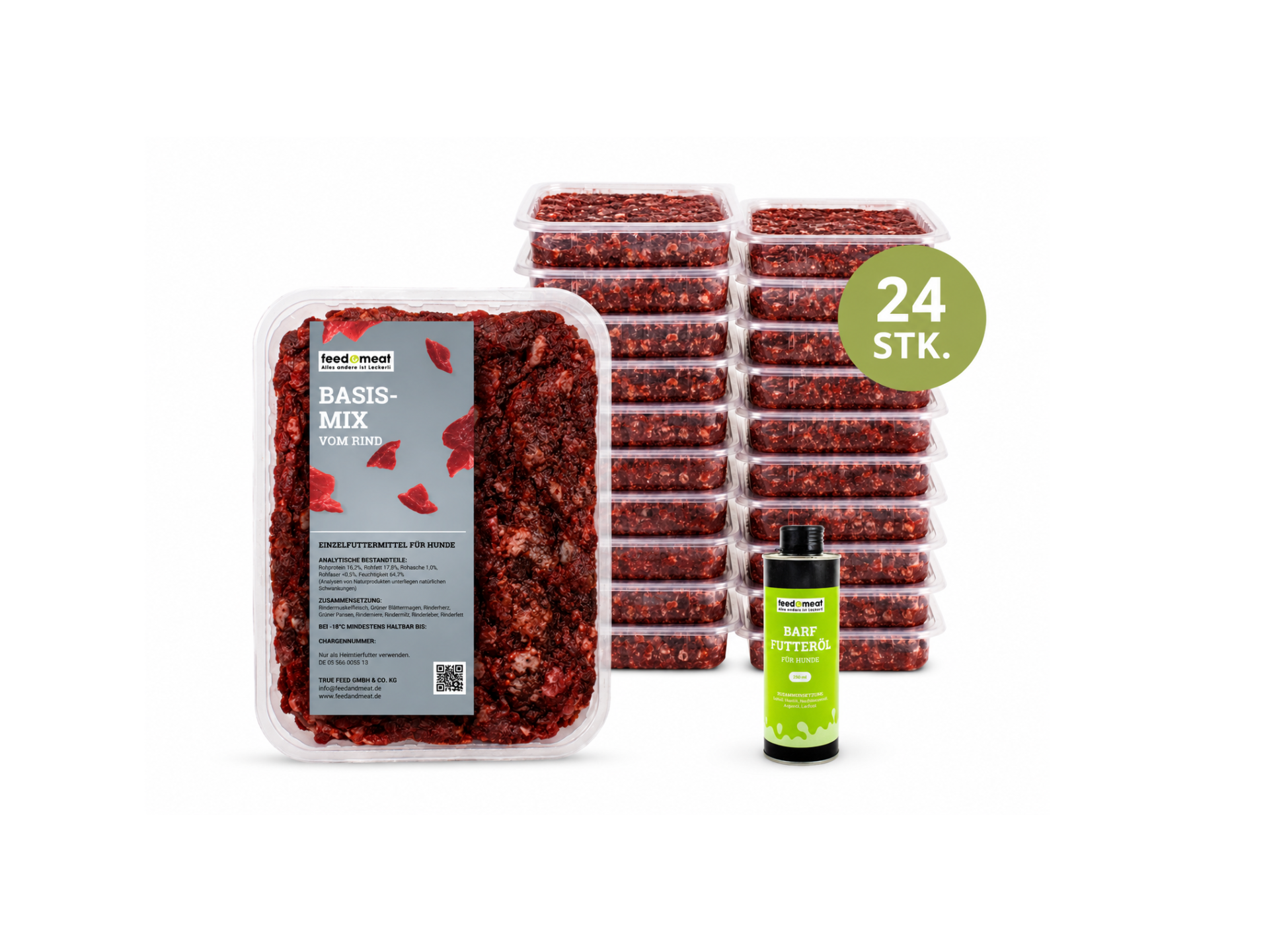 BARF Basispaket Rind 24 kg inklusive Futteröl BARF Basispaket Rind mit 24 Schalen Basismix und Futteröl für Hunde