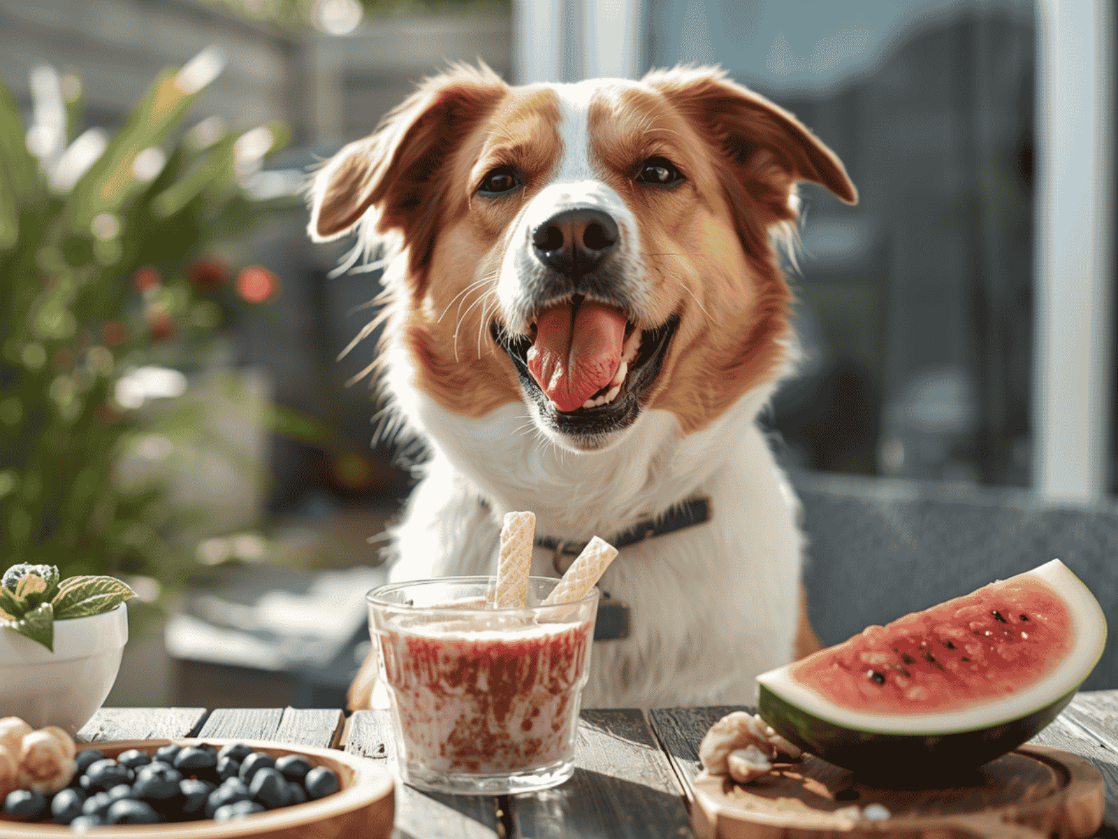 Glücklicher Hund mit selbstgemachtem Hunde-Eis aus BARF-Hundefutter und Wassermelone an einem heißen Sommertag