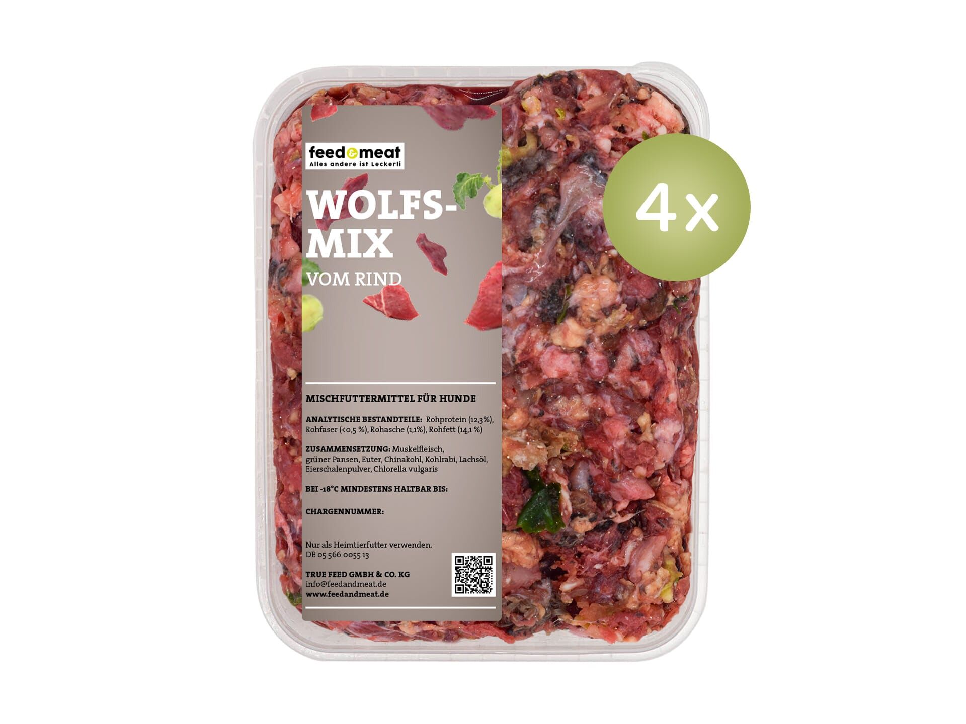 4x feedandmeat Wolfsmix BARF-Menü in einer durchsichtigen Schale, bestehend aus Muskelfleisch, grünem Pansen, Euter und frischem Gemüse.