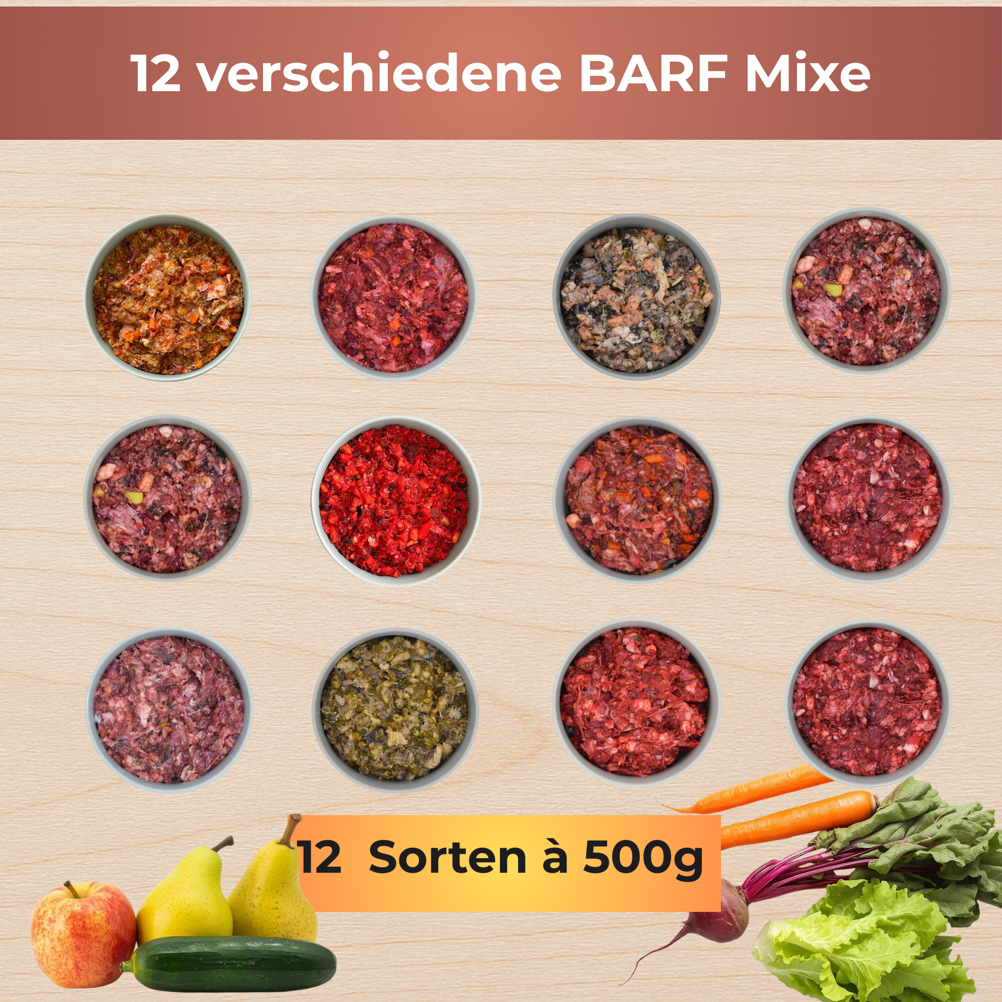 12 Barfmixe im Napf 12 verschiedene Barfmixe im grauen Fressnapf