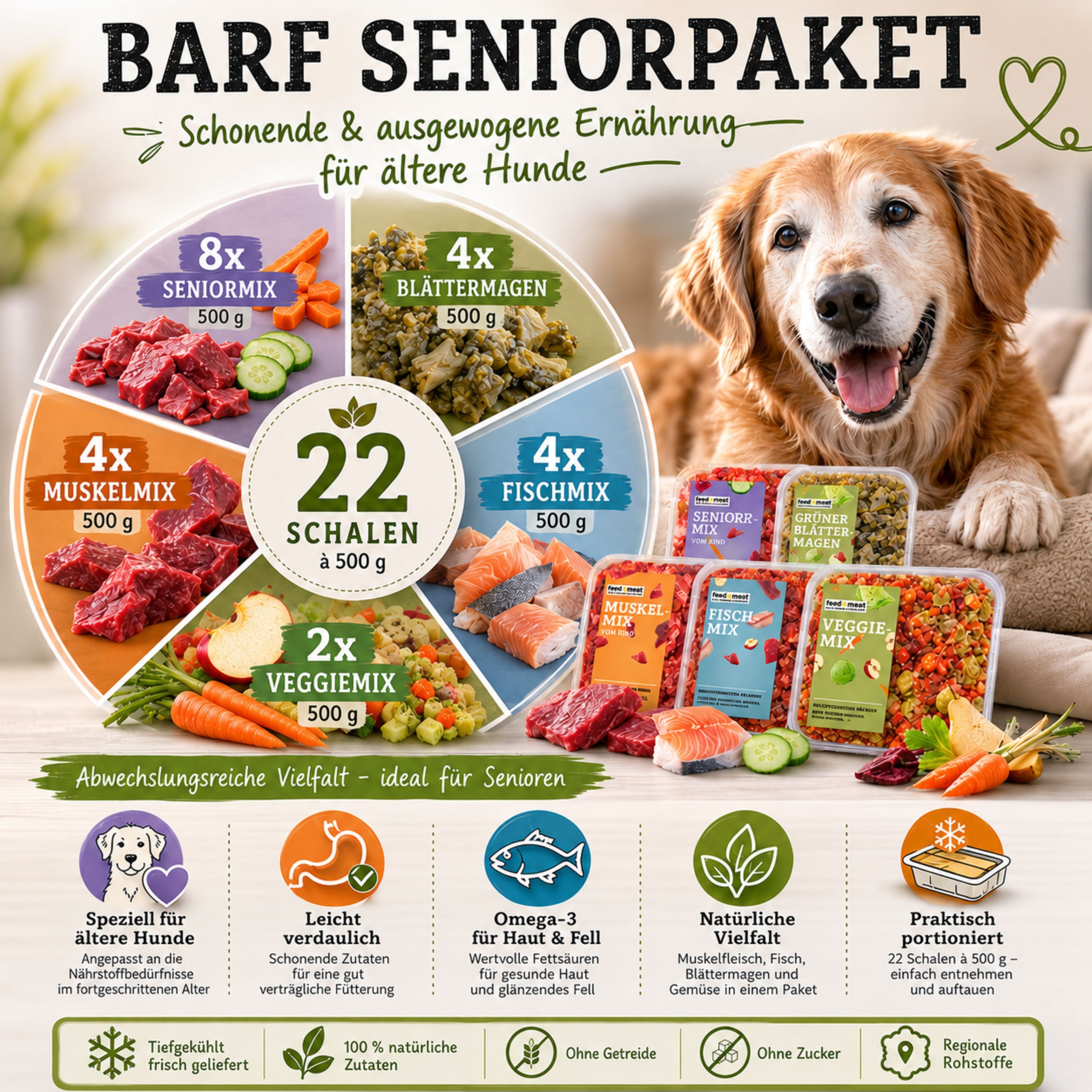 BARF Seniorpaket für ältere Hunde mit 22 Schalen à 500 g. Übersicht der Zusammensetzung aus Seniormix, Fischmix, Muskelmix, Blättermagen und Veggiemix sowie den wichtigsten Vorteilen für Seniorenhunde.