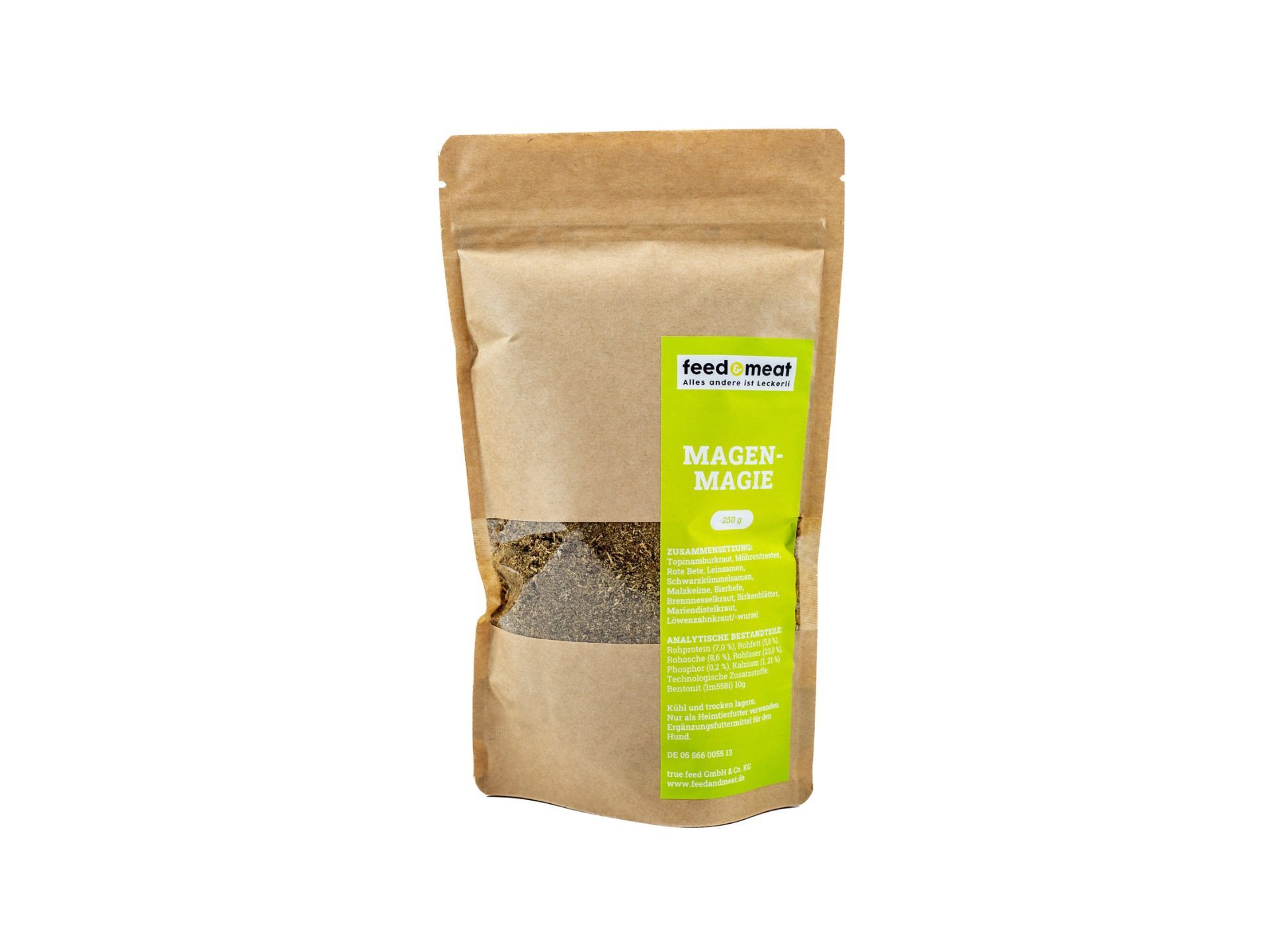 Magenmagie Kräuterpulver für Hunde als natürliche Nahrungsergänzung zur Unterstützung von Magen und Darm, präsentiert in einer Dose mit grünem Etikett