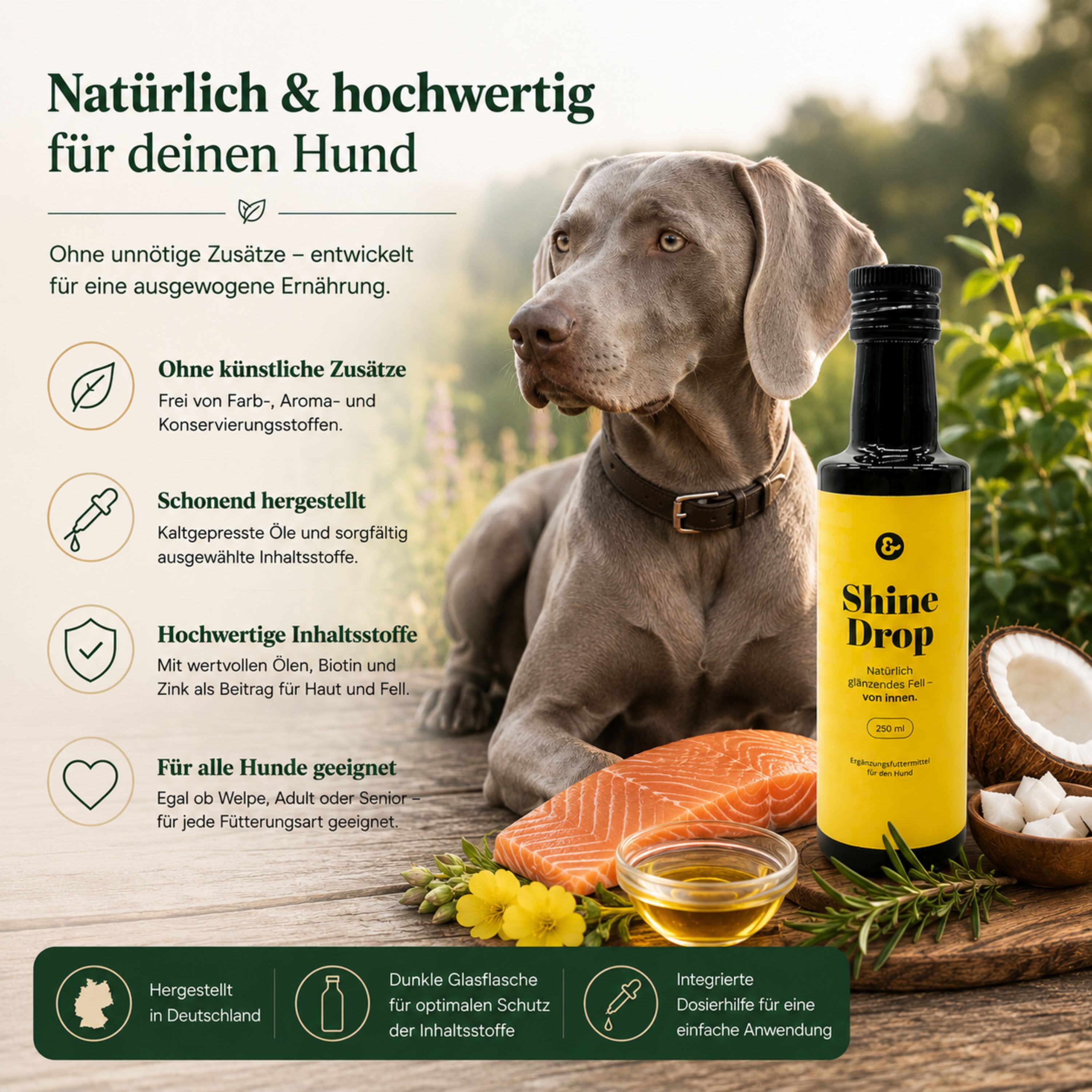 ShineDrop Ölmischung für Hunde mit Fütterungsempfehlung von 1 Teelöffel (5 ml) pro 10 kg Körpergewicht