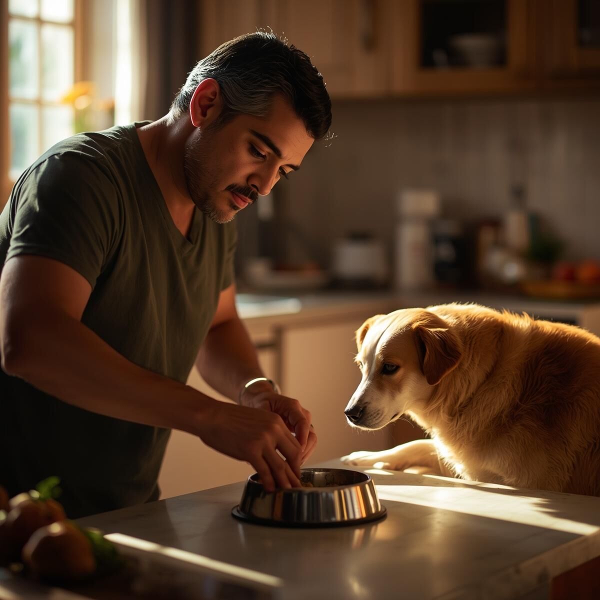 Ein Mann füllt Hundefutter in einen Napf, während sein Hund gespannt zuschaut