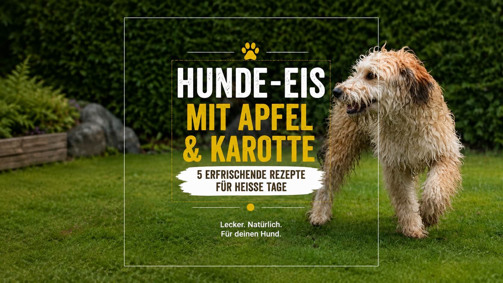 Zotteliger Hund auf einer grünen Wiese zum Thema Hunde-Eis mit Apfel und Karotte.