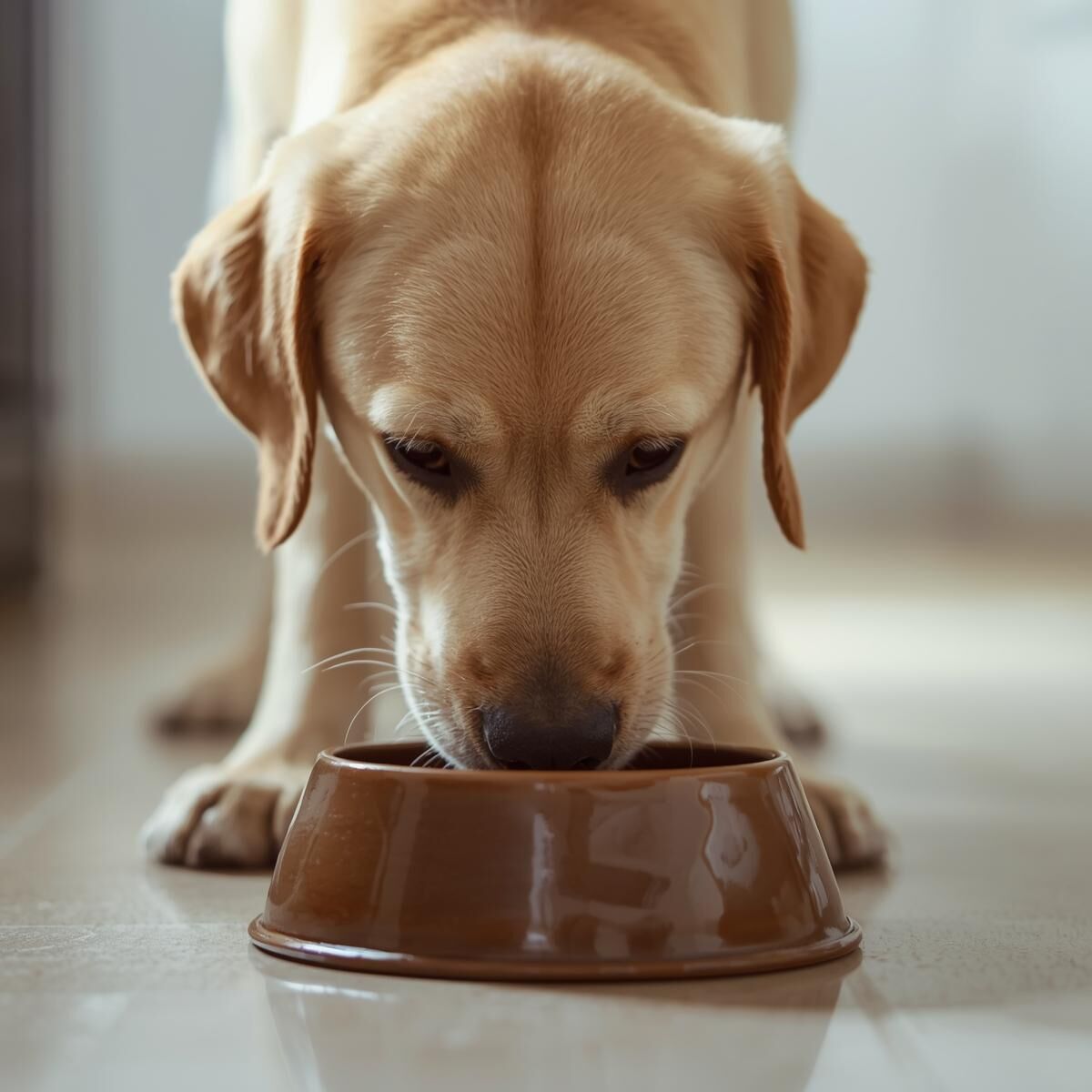 Labrador frisst Futter aus einem Napf